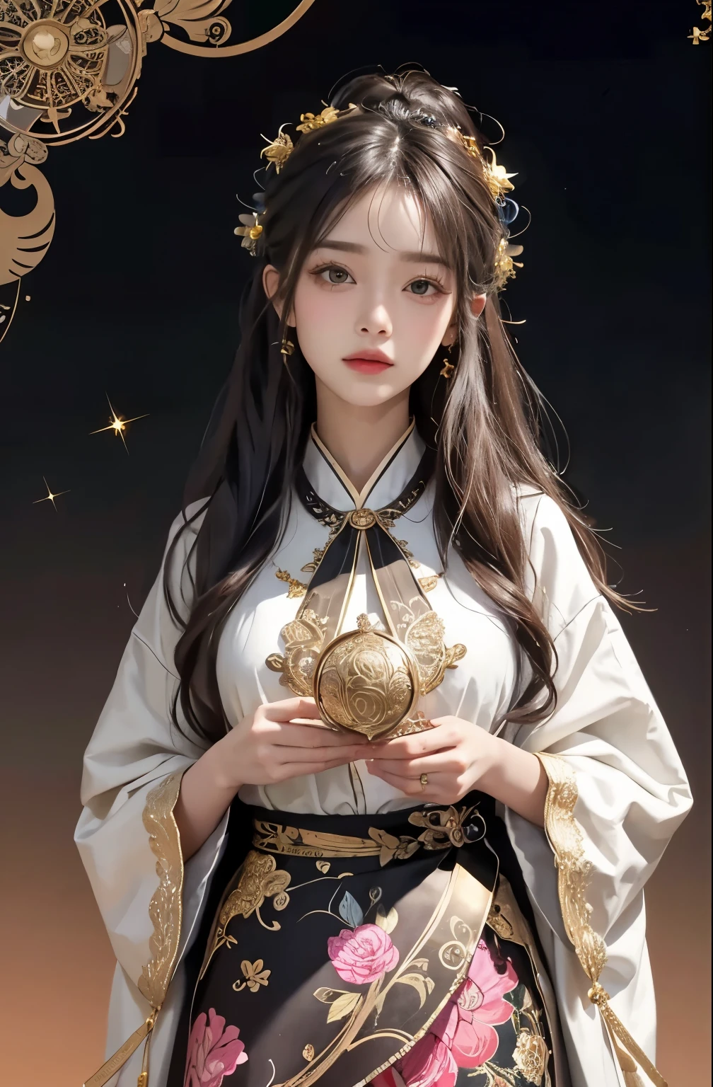 (masterpiece、highest quality、highest quality、official art、beautiful and aesthetic:1.2)、(1 girl)、extreme details、colorful、best details、official art、unity 8k wallpaper、Super detailed、beautiful and aesthetic、big boo buster piece、highest quality、(zentangle、mandala、tangle、Entanglement)、holy light、gold foil、gold foilアート、Glitter painting、PerfectNwsjMajmagic