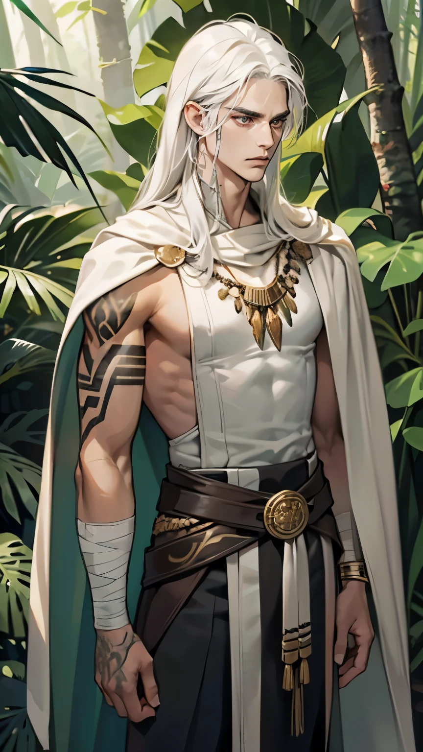 1 boy,tall and strong,perfect male figure, eyes looking at camera.(Amazonian indigenous male, dark skin, Original tattoo),long white hair, (Animal skin cape),Bandage wrist guardeather necklace,serious expression, standing in forest,Rainforest,Ray tracing