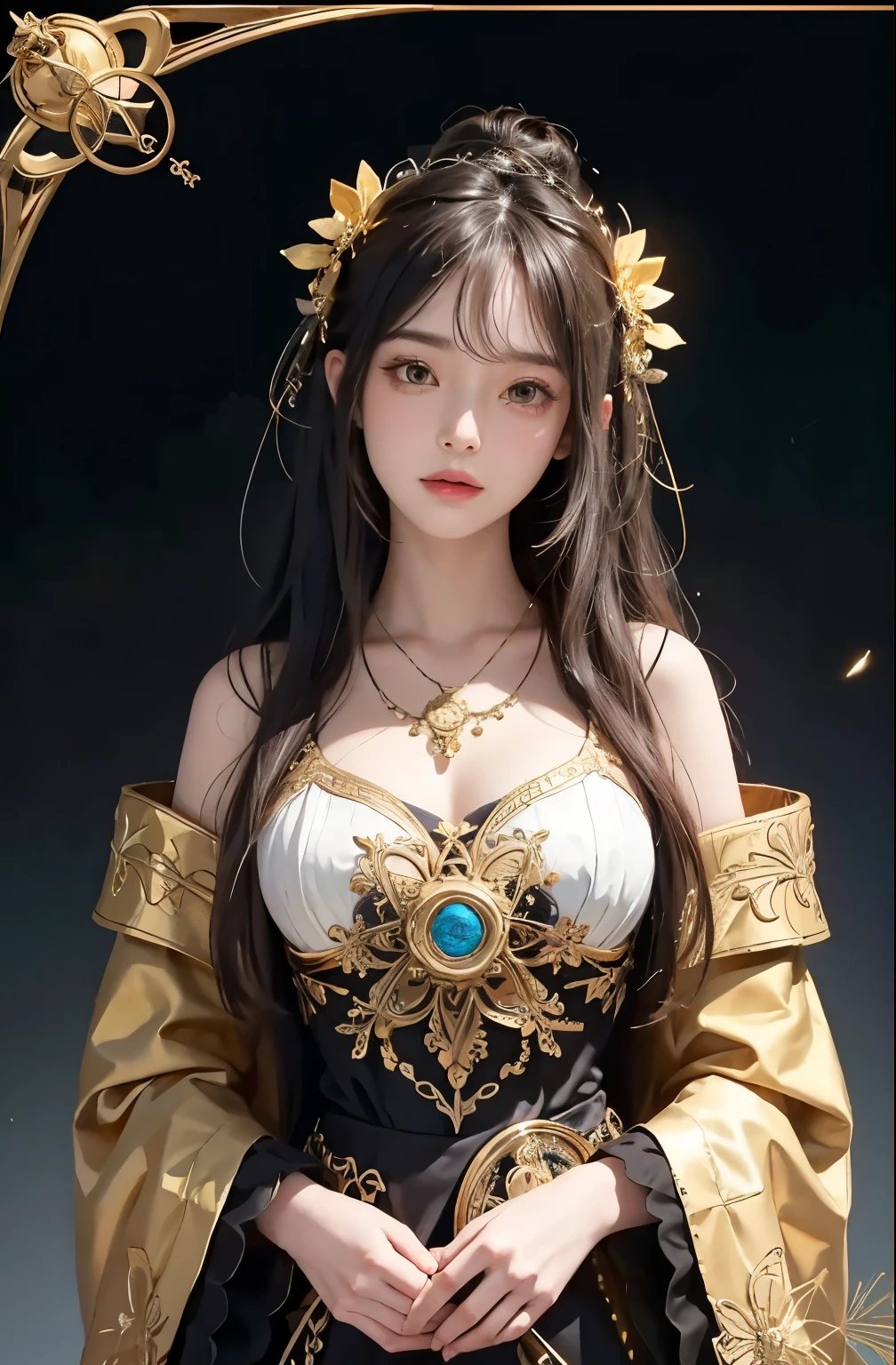 (masterpiece、highest quality、highest quality、official art、beautiful and aesthetic:1.2)、(1 girl)、extreme details、colorful、best details、official art、unity 8k wallpaper、Super detailed、beautiful and aesthetic、big boo buster piece、highest quality、(zentangle、mandala、tangle、Entanglement)、holy light、gold foil、gold foilアート、Glitter painting、PerfectNwsjMajmagic