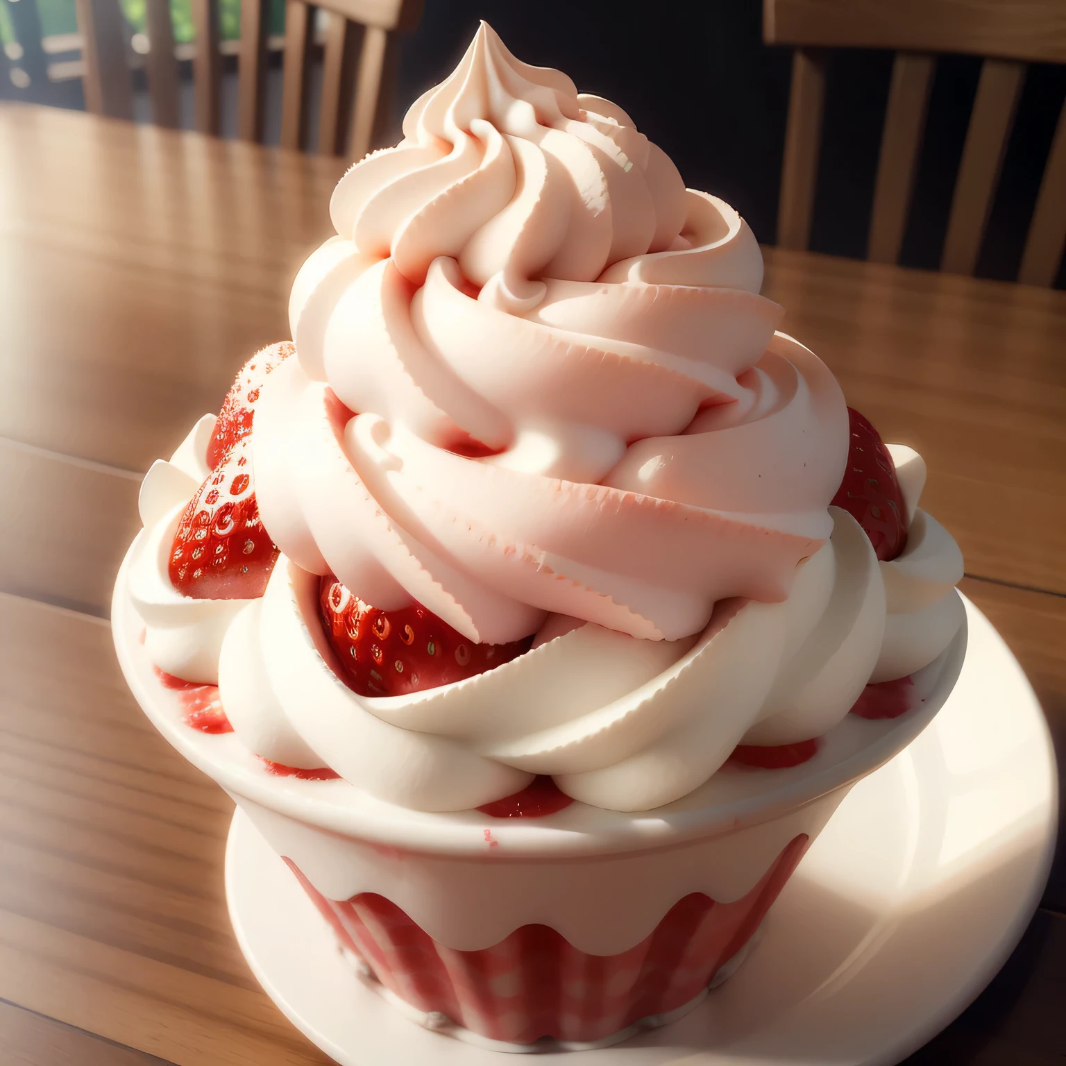 there a large cupcake with whipped cream and strawberries on top, strawberry ice cream, super realistic food picture, designed in blender, whipped cream on top, hyper realistic detailed render, stylized as a 3d render, rendered in blender, rendered in cinema 4 d, rendered in cinema4d, highly detailed photorealistic, photorealistic highly detailed, highly detailed render