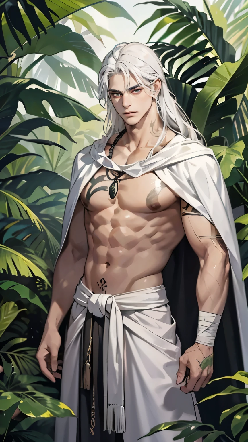1 boy,tall and strong,perfect male figure, eyes looking at camera.(Amazonian indigenous male, dark skin, Original tattoo),long white hair, (Animal skin cape),Bandage wrist guardeather necklace,serious expression, standing in forest,Rainforest,Ray tracing