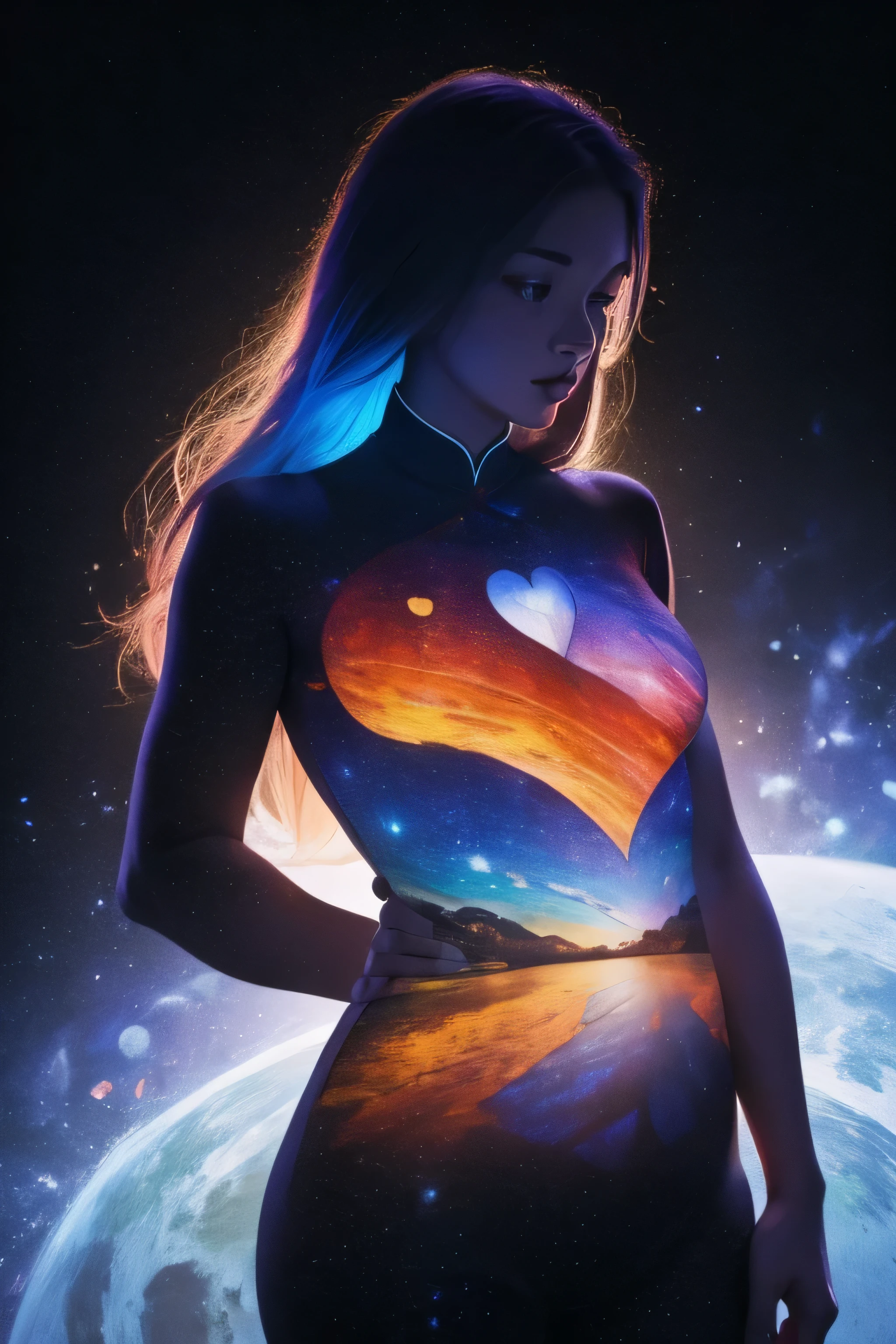 Single Chinese oriental girl holds the heart-shaped moon on her chest with both hands, darken outline, Vincent - Van Gogh&#39;Paradise City and Starry Night, 
bokeh flowers, Gradient twilight background, ultra high definition, surreal, Fractal, High detail masterpiece 