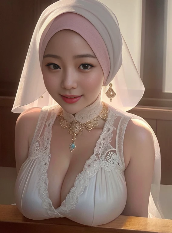 Live images, photo realistic, realistic, Beautiful Japanese woman in hijab, happy smile, earring, woman with very large breasts, cleavage, ก้นsexy, sexy, The face is white, bright, beautiful., Beautiful face, pink cheeks, beautiful lips, porcelain skin, complicated details, Superb details, very high, Maximum details, Highly detailed, Delicate, รายละเอียดที่Amazing, great detailsed, movie light, Highest quality, Masterpiece, smooth and beautiful, CG, unity, 8K wallpaper, Amazing, great details, unity CG wallpaper 8k high detail, Big file size, Superb details, high resolution, รายละเอียดที่Amazing, Oil painting effect in the artistic style of Rembrandt, Portrait art concept in the style of Stanley Artgerm Lau, WLOP, Trending on ArtStation, epic, Trending in cgsociety, Detailed digital drawing, โมเดลคุณภาพvery high, looking at camera