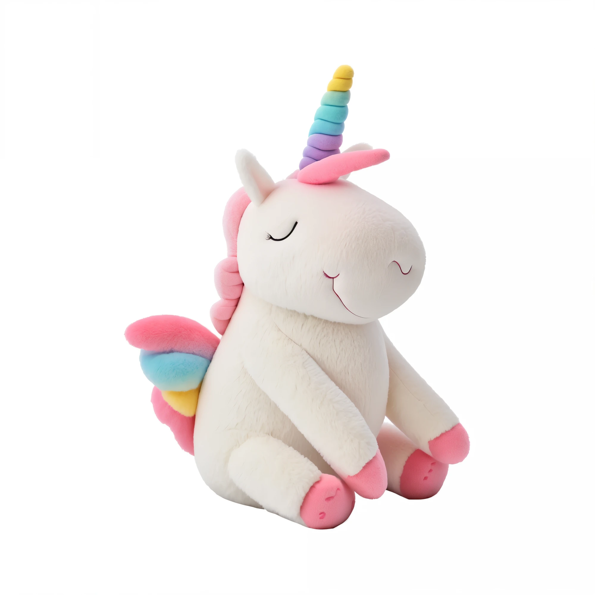 1 plush toy unicorn, light pink, unmanned, with a pure white background，studio studio lighting，pure white background