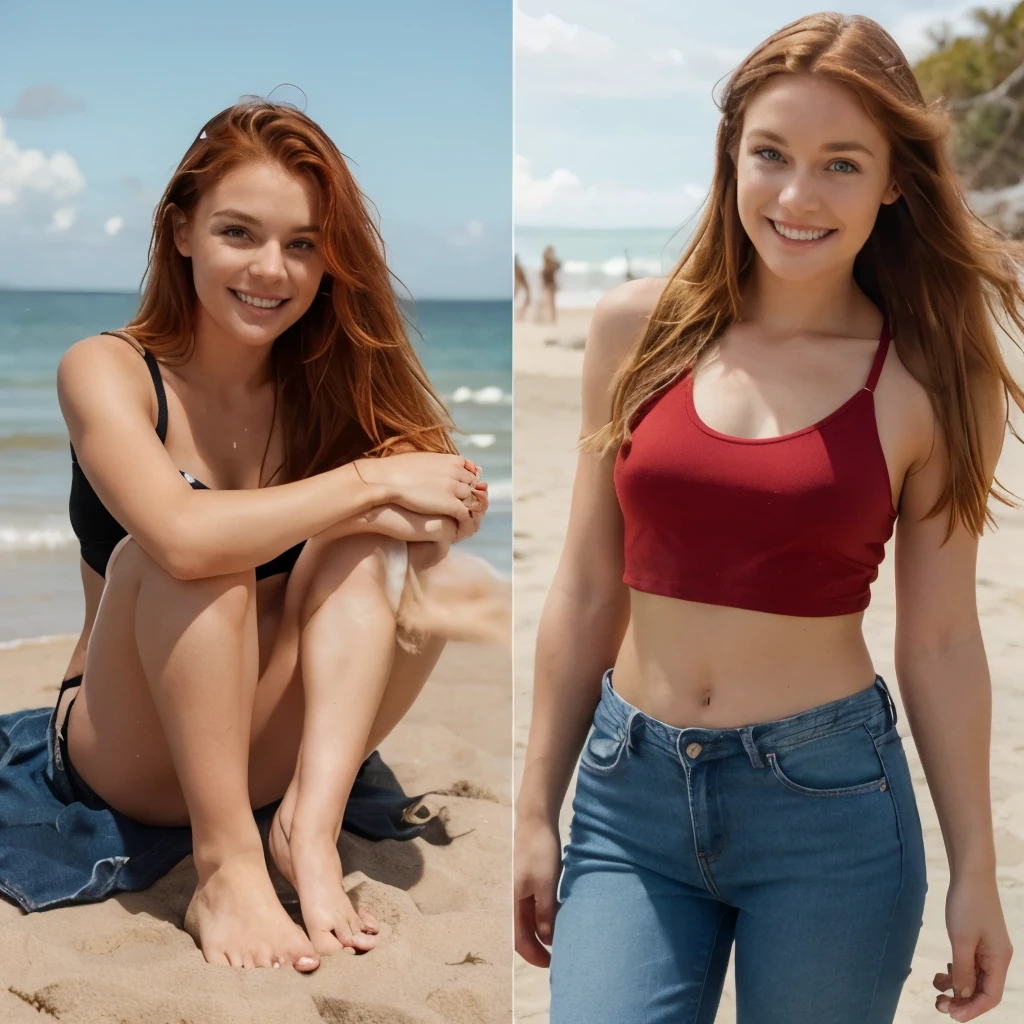 Girl from new zealand wears a crop top in summer time at the beach, she wears a long pair of jeans, no shoes on, beautiful smile, her face is different, red blonde hair