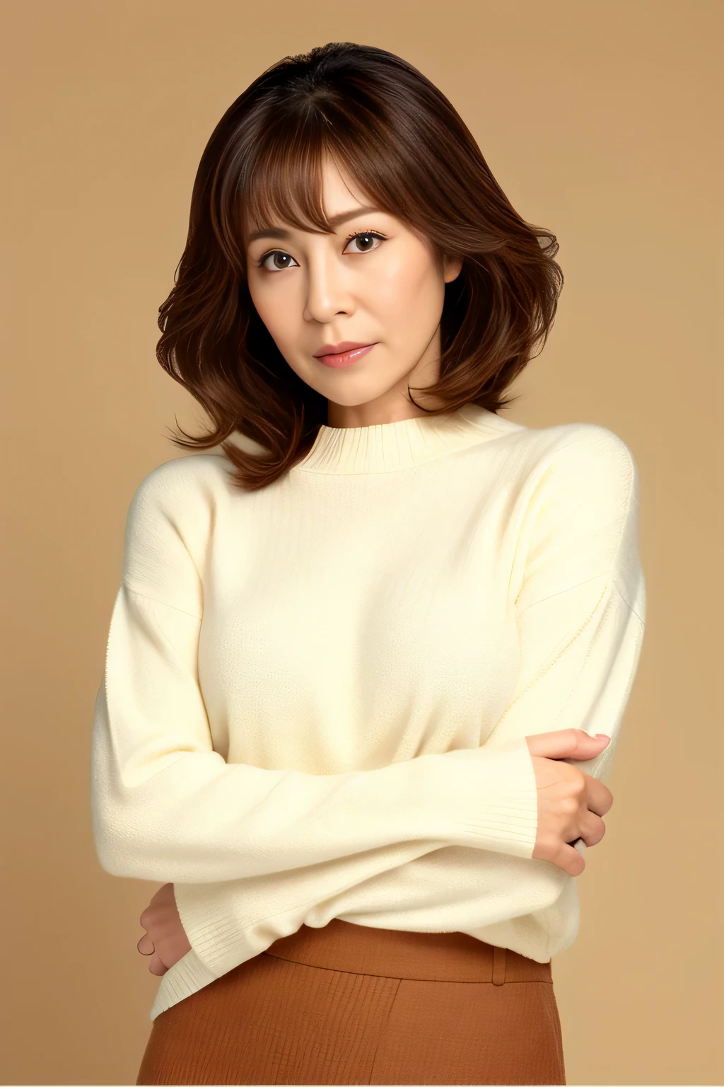 master piece、highest quality、masterpiece、High resolution、Photoreal、sharp、Raw photo、8k wallpaper、perfection、professional lighting、very detailed、Depth of the bounds written、light solid color background、((one beautiful woman、japanese mature)) 、(70 years old))、women sexy、detailed face、beautiful eyes、bangs、well-shaped small breasts、Light brown straight hair、faint lips、((stand in front、look at the viewer、serious face eyes。))、sweater、Skirt visor、full body photo、cowboy shot