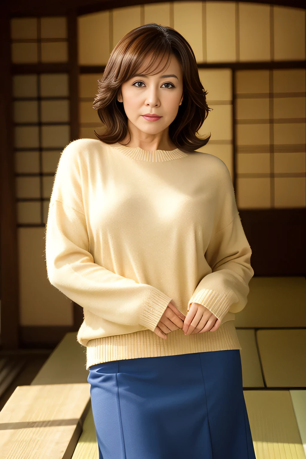 master piece、highest quality、masterpiece、High resolution、Photoreal、sharp、Raw photo、8k wallpaper、perfection、professional lighting、very detailed、Depth of the bounds written、light solid color background、((one beautiful woman、japanese mature)) 、(70 years old))、women sexy、detailed face、beautiful eyes、bangs、well-shaped small breasts、Light brown straight hair、faint lips、((stand in front、look at the viewer、serious face eyes。))、sweater、Skirt visor、full body photo、cowboy shot