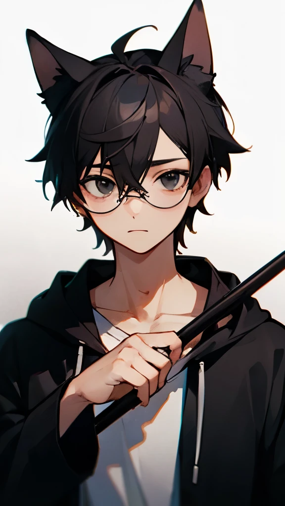 ((best quality)), ((masterpiece)), (detailed), perfect face, 1boy, solo, young, scared, white shirt, black hoodie, dog ears, eyeglasses, black eyes, black hair, short hair, holding a spear