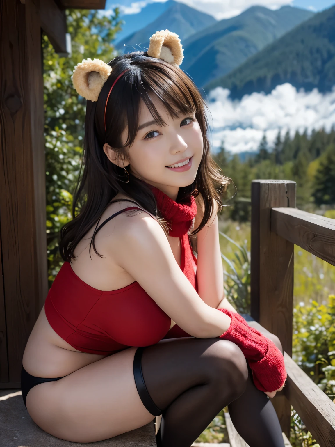 A beautiful woman cosplaying with a bear ear headband、Plump thighs、red muffler、Crouched figure、girl sitting、Slim stomach、fluffy fur swimsuit、smile、short cut hair、(8k非常にdetailedなCGユニットの壁紙), (highest quality), (best illustrations), (best shadow), (detailed: 1.4), 3D, HDR (high dynamic range), ray tracing, NVIDIA RTX, super resolution, subsurface scattering, PBR texture, post processing, anisotropic filtering, Depth of the bounds written, Maximum sharpness and acutance, multilayer texture, Albedo and highlight mapping, surface shading, Accurate simulation of light and material interactions, perfect proportions, Octane rendering, Super realistic、Photographed with Canon EOS R5、50mm lens、f / 2.8、Snowapocalypse、mountains in the background、forest、clouds shining in the sun、Junior high school student 、bear ear headband