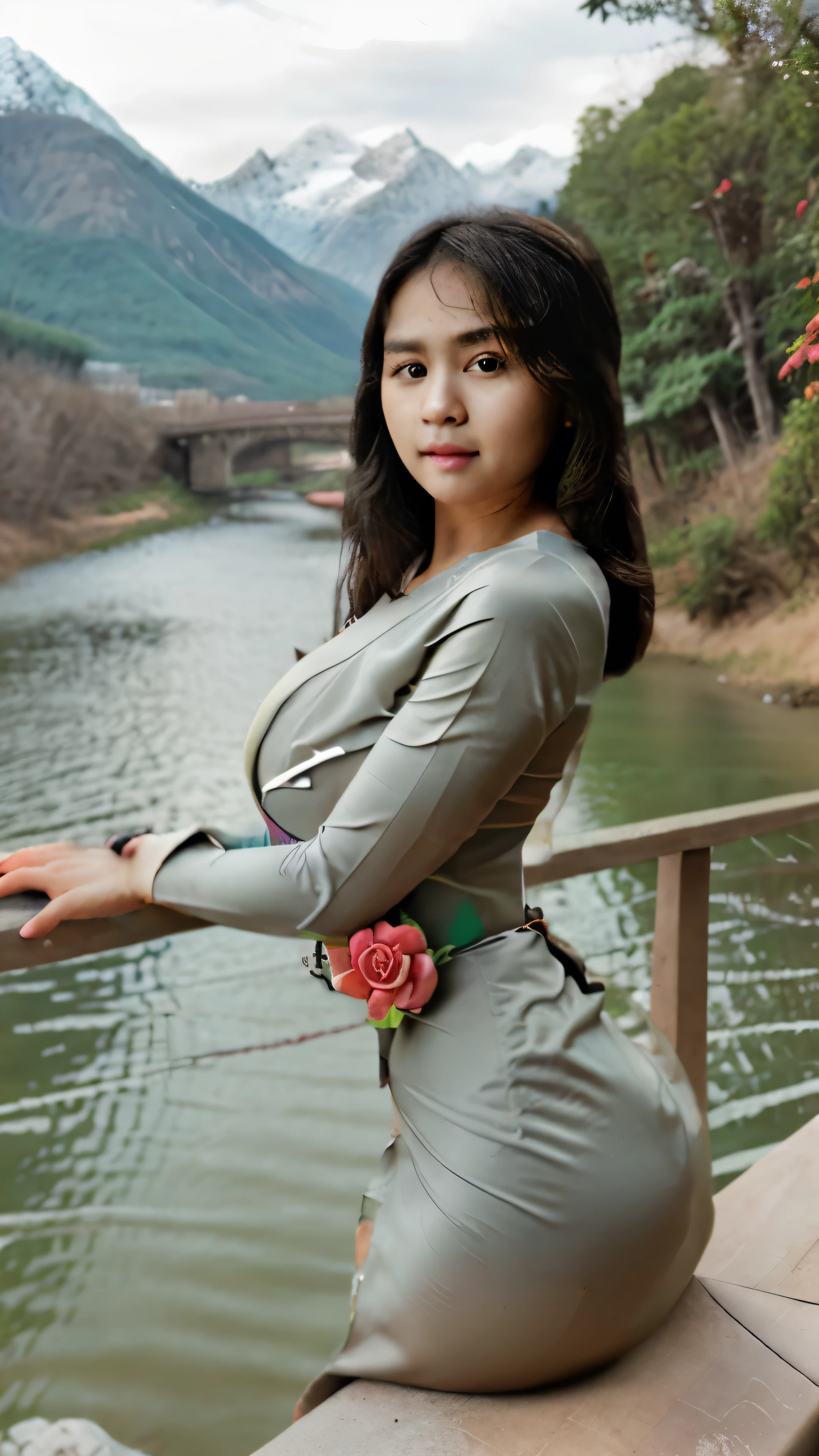 a portrait photo of Burmese lady, sexy pose, from below, best quality, masterpiece, hyper detailed, realistic, super big butt, very big ass, super heavy chest, super heavy big boobs, narrow bridge background, mountains, background blur, bokeh effect, shot by DSLR camera, tight dress, outdoor, acmm is outfit, wearing acmm top, olive green acmm top, long sleeves, wearing acmm long skirt, olive green acmm long skirt, printed skirt, full body,