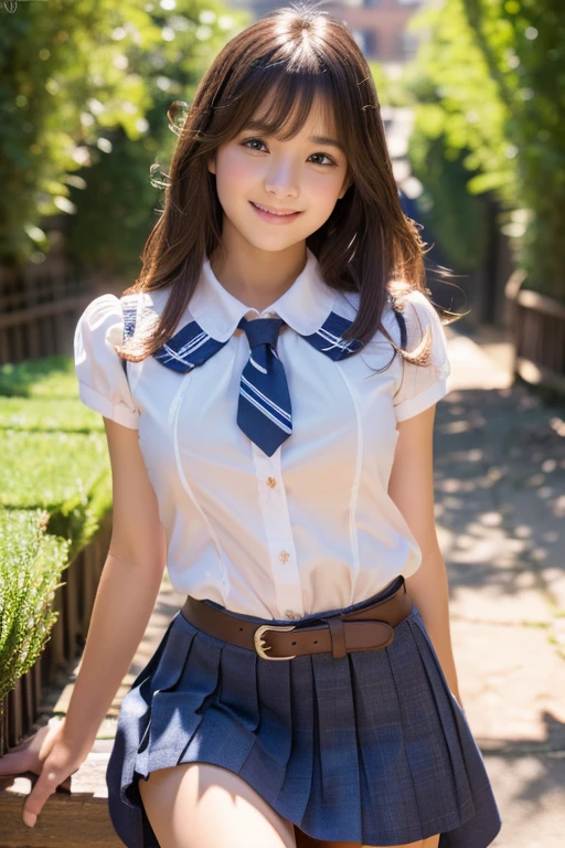 beautiful illustrations, looking at the viewer, whole body, Front view:0.6, 1 girl, Japanese, high School girl, (long hair:1.5), blown hair, (half up, half updo), bangs, hair between eyes, big breasts:0.8, beautiful hair, beautiful face, beautiful and fine eyes, beautiful clavicle, beautiful body, beautiful breasts, beautiful thighs, beautiful feet, beautiful fingers, (beautiful scenery), , School, ((Short sleeve shirt with collar, white shirt, School uniform, Grey plaid pleated skirt