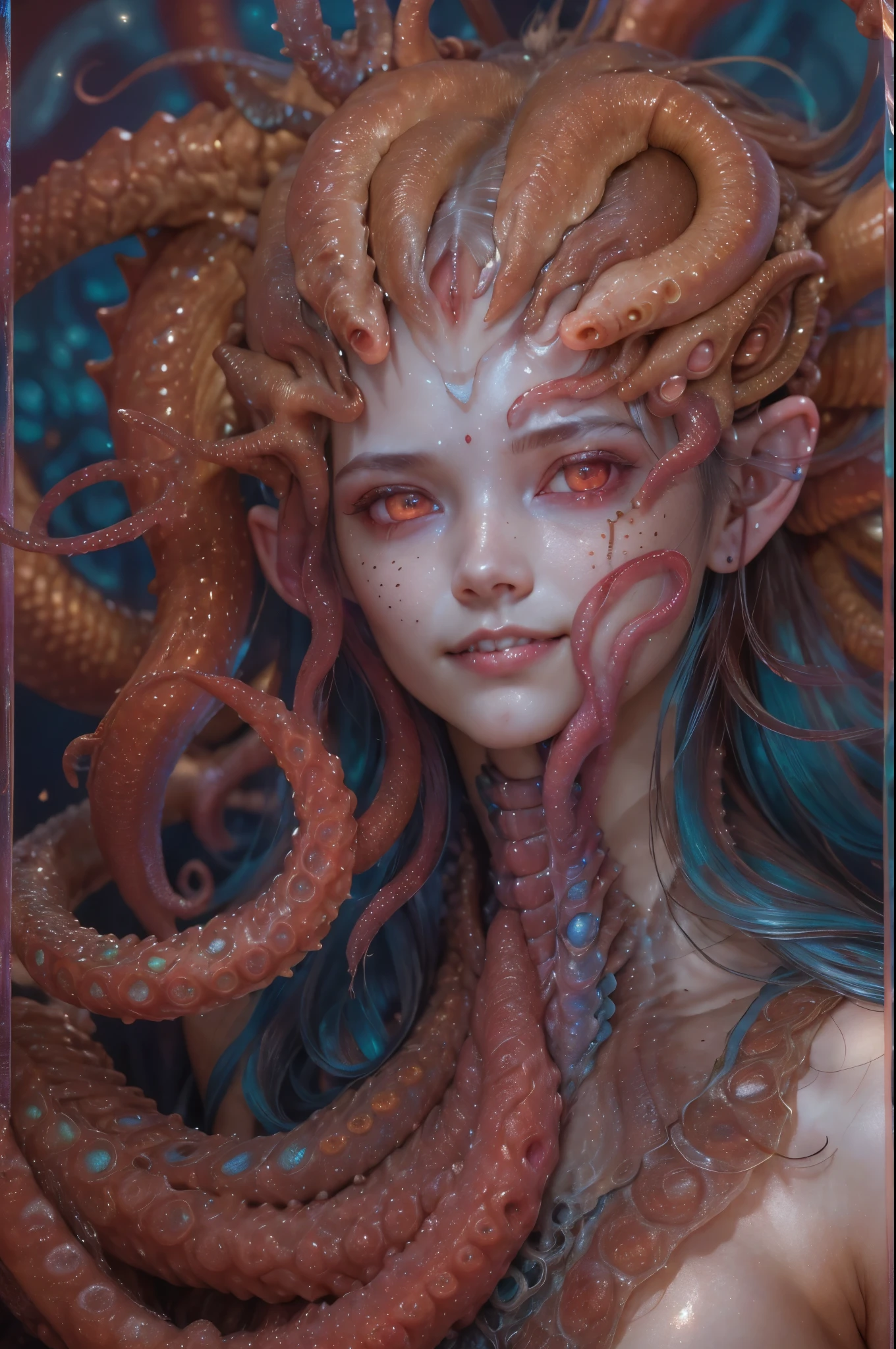 scary and sexy detailed art in color, Portrait, (beautiful and obscene female alien:1.6), (vulgarity1.5), (she has red eyes with no pupils:1.8), (Translucent skin:1.7), ((There is a female genital-like organ in the middle of the forehead:1.9)), (The most beautiful face in the history of the universe:1.2),an evil gaze that seduces, (large mouth:1.1), (sharp teeth like a vampire:1.2), Full body portrait, (bio luminescent:1.5), (Smile wickedly:1.3), (sexypose:1.5), alien, No humans, cells are fused, (Lots of translucent tentacles:1.3) extraterrestrial, cell, bio image, best quality, 8K,In 4K_quality, High freshness, Dramatic Lighting, masutepiece:1.5,cinematic quality, detail up, (exquisite details:1.2), high resolution, High freshness, drawing faithfully, (Thick eyebrows:1.2), Beautiful eyes with fine symmetry,(Highly detailed face and eyes:1.2), Intimate face, (Super detailed skin quality feeling:1.4), perfect anatomy, (Beautiful toned body:1.5), (Moist skin:1.2), not wearing makeup, (dark circles:1.1), long canines, cinematic drawing of characters, ultra high quality model, cinematic quality, detail up, (exquisite details:1.2), high resolution, High freshness, drawing faithfully, official art, Unity 8K Wall , 8K Portrait, best quality, Very high resolution, ultra detailed artistic photography, midnight aura, unreal engine 5, Ultra Sharp Focus, art by Amano Yoshitaka, ArtGerm, Roisch, intricate artwork, best quality, masterpiece, ultra high resolution, (photos realistic:1.5), ultra realistic realism, dream-like, nautilus, Creation of fantasy, Snail, Dream Snail, (biopunk nautilus:1.3),Thrilling color schemes, ultra realistic realism, seductively smiling, Blue tentacles, intricated detaild tentacles,