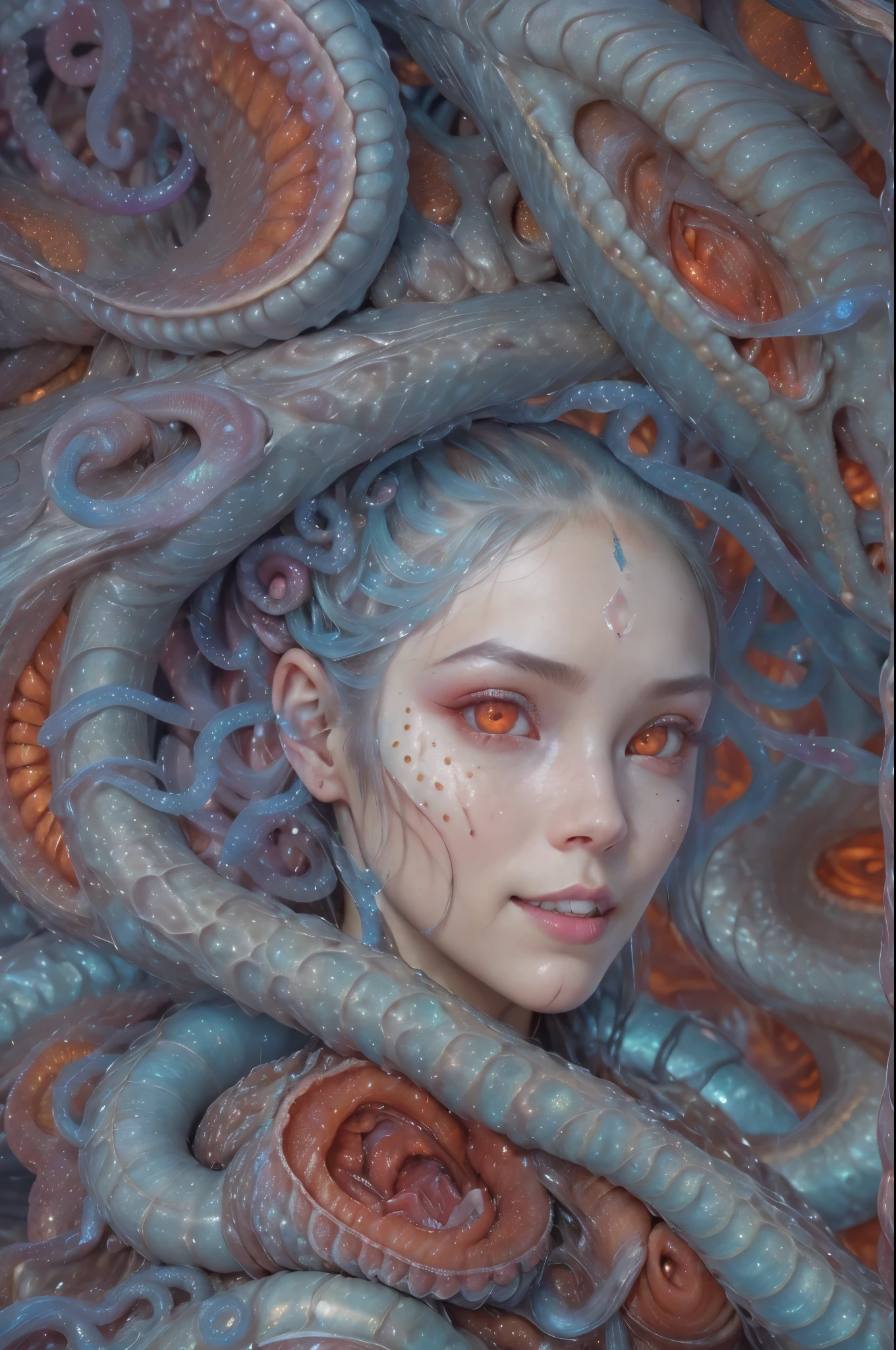 scary and sexy detailed art in color, Portrait, (beautiful and obscene female alien:1.6), (vulgarity1.5), (she has red eyes with no pupils:1.8), (Translucent skin:1.7),  ((There is a female genital-like organ in the middle of the forehead:1.9)), (The most beautiful face in the history of the universe:1.2),an evil gaze that seduces, (large mouth:1.1), (sharp teeth like a vampire:1.2), Full body portrait, (bio luminescent:1.5), (Smile wickedly:1.3),  (sexypose:1.5), alien, No humans, cells are fused, (Lots of translucent tentacles:1.3) extraterrestrial, cell, bio image, best quality, 8K,In 4K_quality, High freshness, Dramatic Lighting, masutepiece:1.5,cinematic quality, detail up, (exquisite details:1.2), high resolution, High freshness, drawing faithfully, (Thick eyebrows:1.2), Beautiful eyes with fine symmetry,(Highly detailed face and eyes:1.2), Intimate face, (Super detailed skin quality feeling:1.4), perfect anatomy,  (Beautiful toned body:1.5),  (Moist skin:1.2), not wearing makeup, (dark circles:1.1), long canines, cinematic drawing of characters, ultra high quality model, cinematic quality, detail up, (exquisite details:1.2), high resolution, High freshness, drawing faithfully, official art, Unity 8K Wall  , 8K Portrait, best quality, Very high resolution, ultra detailed artistic photography, midnight aura,  unreal engine 5, Ultra Sharp Focus, art by Amano Yoshitaka, ArtGerm, Roisch, intricate artwork, best quality, masterpiece, ultra high resolution, (photos realistic:1.5), ultra realistic realism, dream-like, nautilus, Creation of fantasy, Snail, Dream Snail, (biopunk nautilus:1.3),Thrilling color schemes, ultra realistic realism, seductively smiling, Blue tentacles, intricated detaild tentacles, 