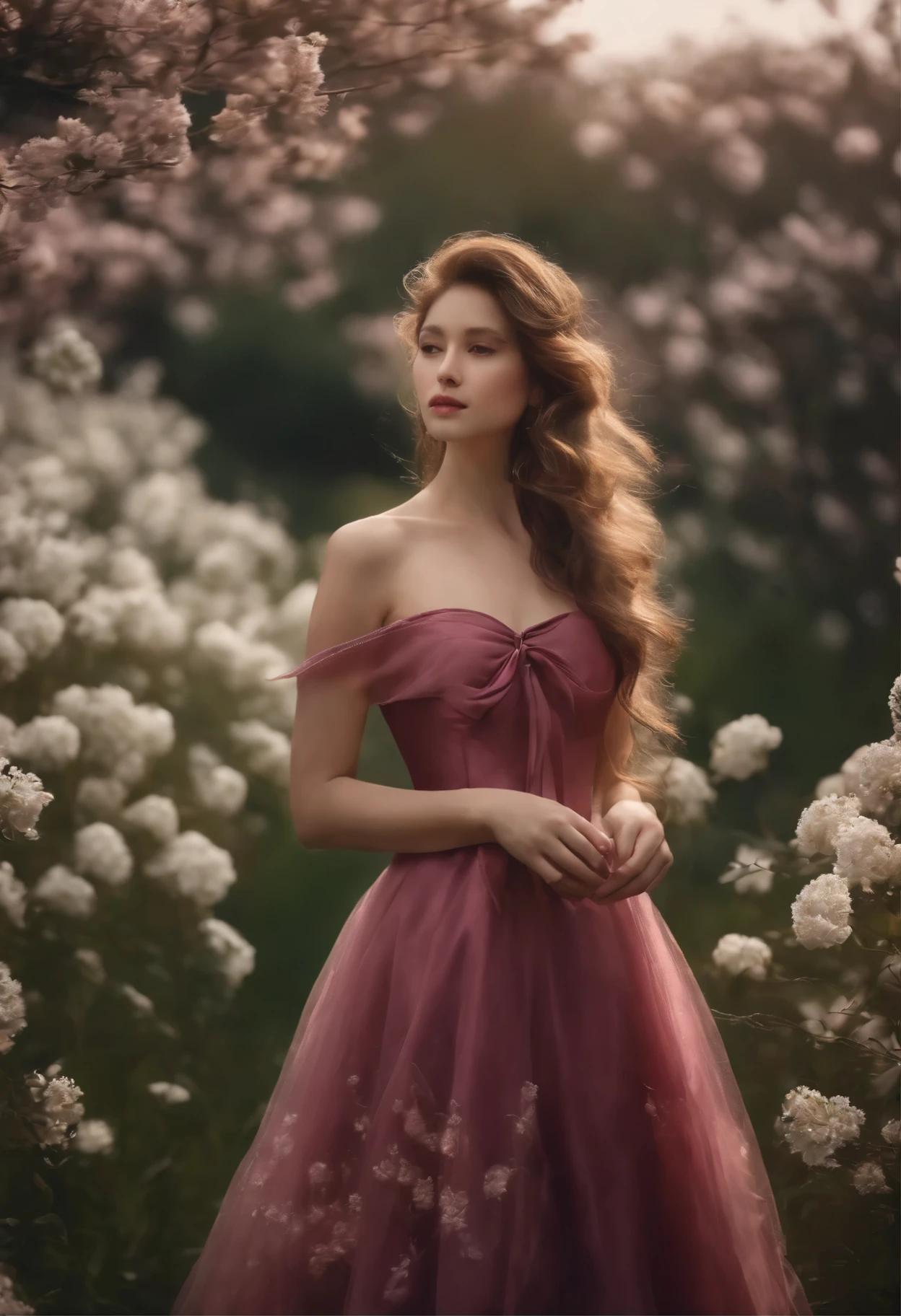Chica con el rostro de Wonyoung con el cabello largo y oscuro, sentada en una pradera usando un vestido rosa corto que hace juego con sus alas, It is surrounded by white flowers