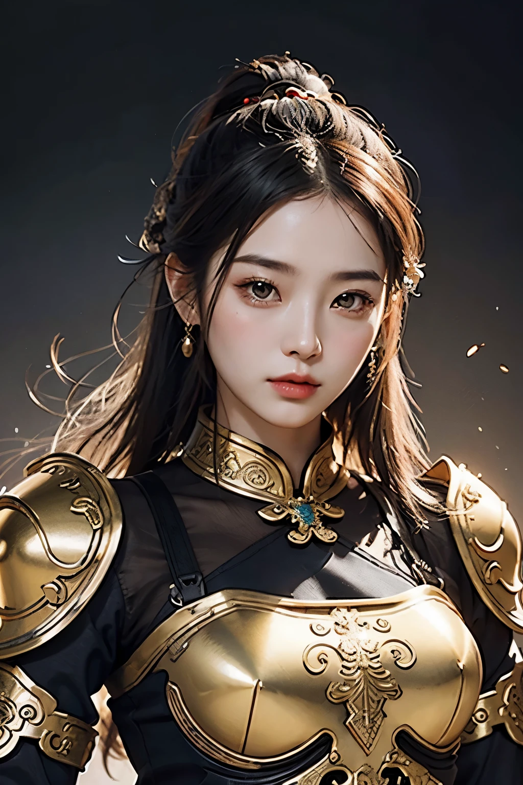 Chinese ancient style,general,youth,gold,silver,armor,Add plot to make the picture more creative,More vivid,Cinematic graphics,woman,Positive face,Upper body