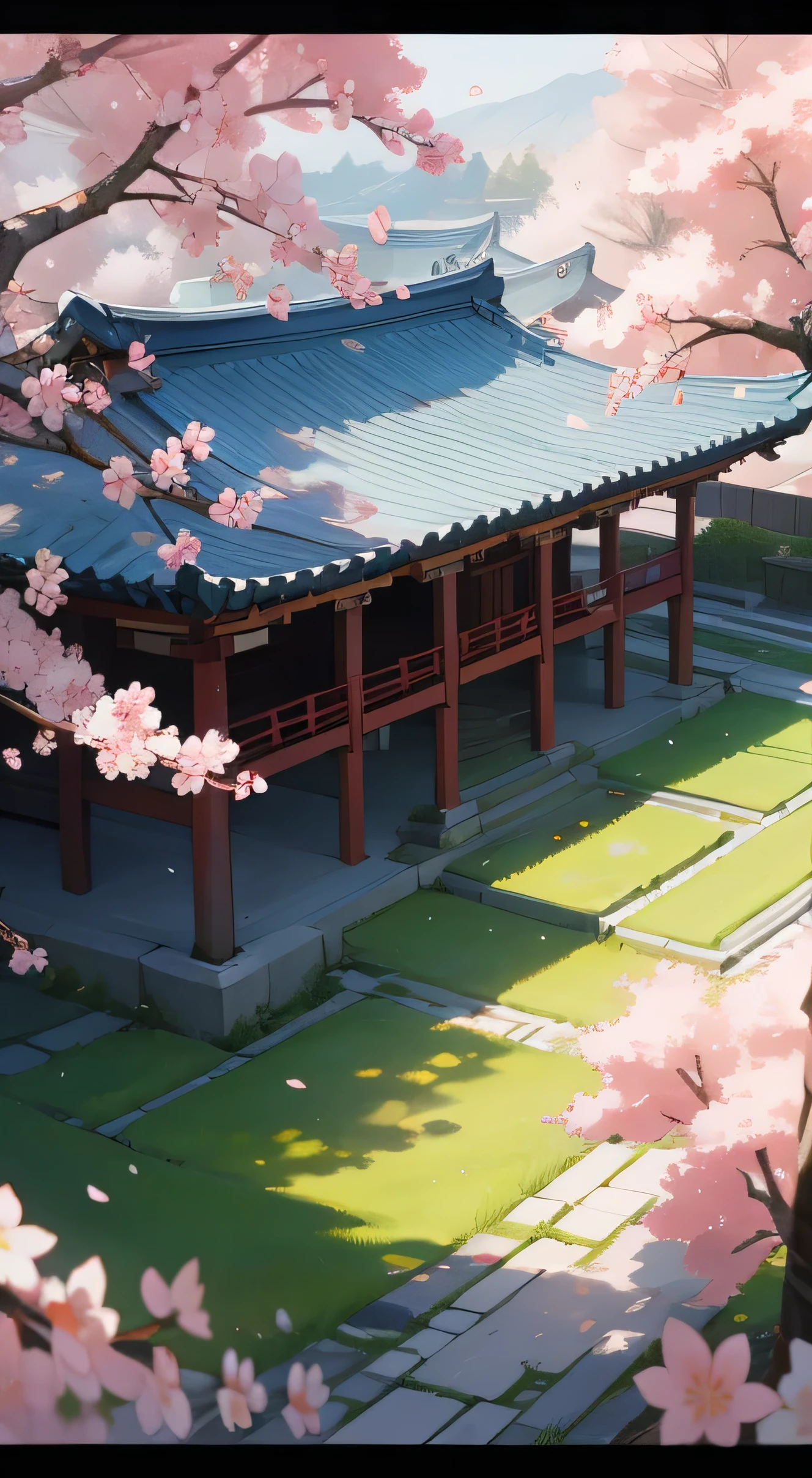 without model, cherry blossoms, landscape view, grass, with the background of Korean traditional building atmosphere, detailed artwork,