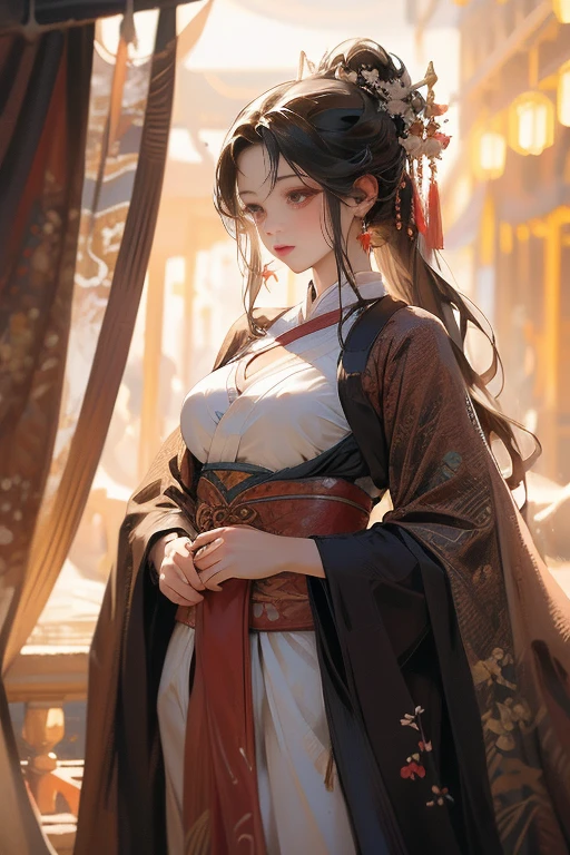 (masterpiece:1.2, best quality:1.2, beautiful, highres:1.1, aesthetic), detailed, extremely detailed, ambient soft lighting, 4K, perfect eyes, perfect face, perfect lighting, 1girl,black hair, exposed breasts, glowing eyes, hair between eyes, lips, long hair, looking at viewer,parted lips, plump, red eyes, solo,(Clear and visible nipples and vulva:1.1),Transparent Hanfu,Transparent martial arts clothing,NSFW