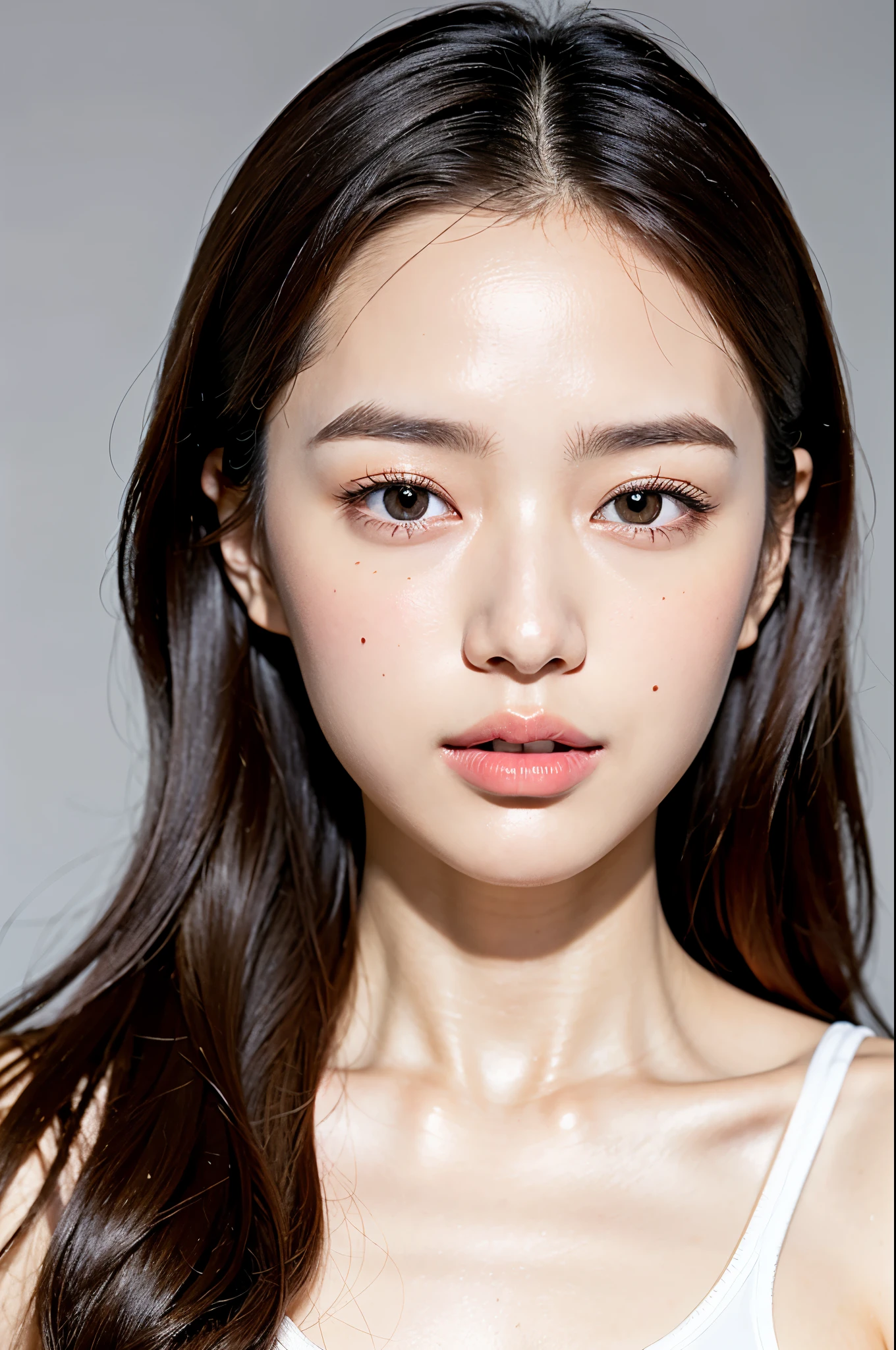 18 year old Japanese female、Wearing a white shirt、Highly detailed face,round face、 Lips Detail,,Big eyes、double eyelid, Detailed black eyes,Thin lips、 Very beautiful face、current eyes, Beautiful Eyes, (Real Skin), Beautiful Skin, Ultra-high resolution、Facing forward and gazing at me、smile、