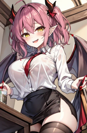 table top,perspective,throw,  from below, Denier, devil girl, devil&#39;s wings, red devil horns,big breasts, pink hair,medium hair,yellow eyes,pointed ear cross halter:0.8),(white shirt:1.1), clavicle, black pencil_skirt, stockings,red nails,naughty face,enchanting smile,