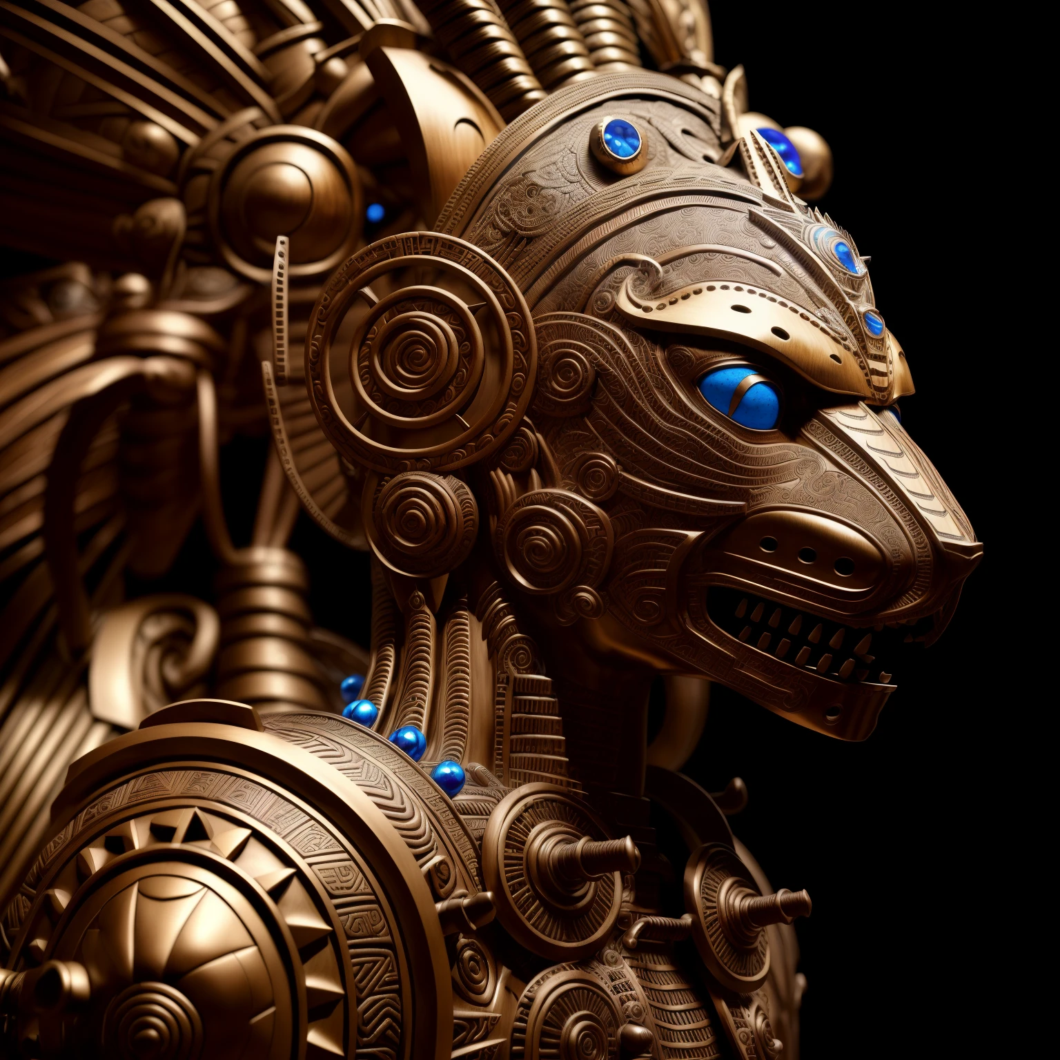 statue of a man with a large headdress made of metal and wood, rich aztec jaguar armor, beautiful biomechanical djinn, detailed digital 3d art, highly detailed digital art, hyper detailed digital art, highly detailed digital artwork, 4k highly detailed digital art, ultra-detailed digital art, hyperdetailed fantasy character, ultradetailed digital art, high detailed digital art
