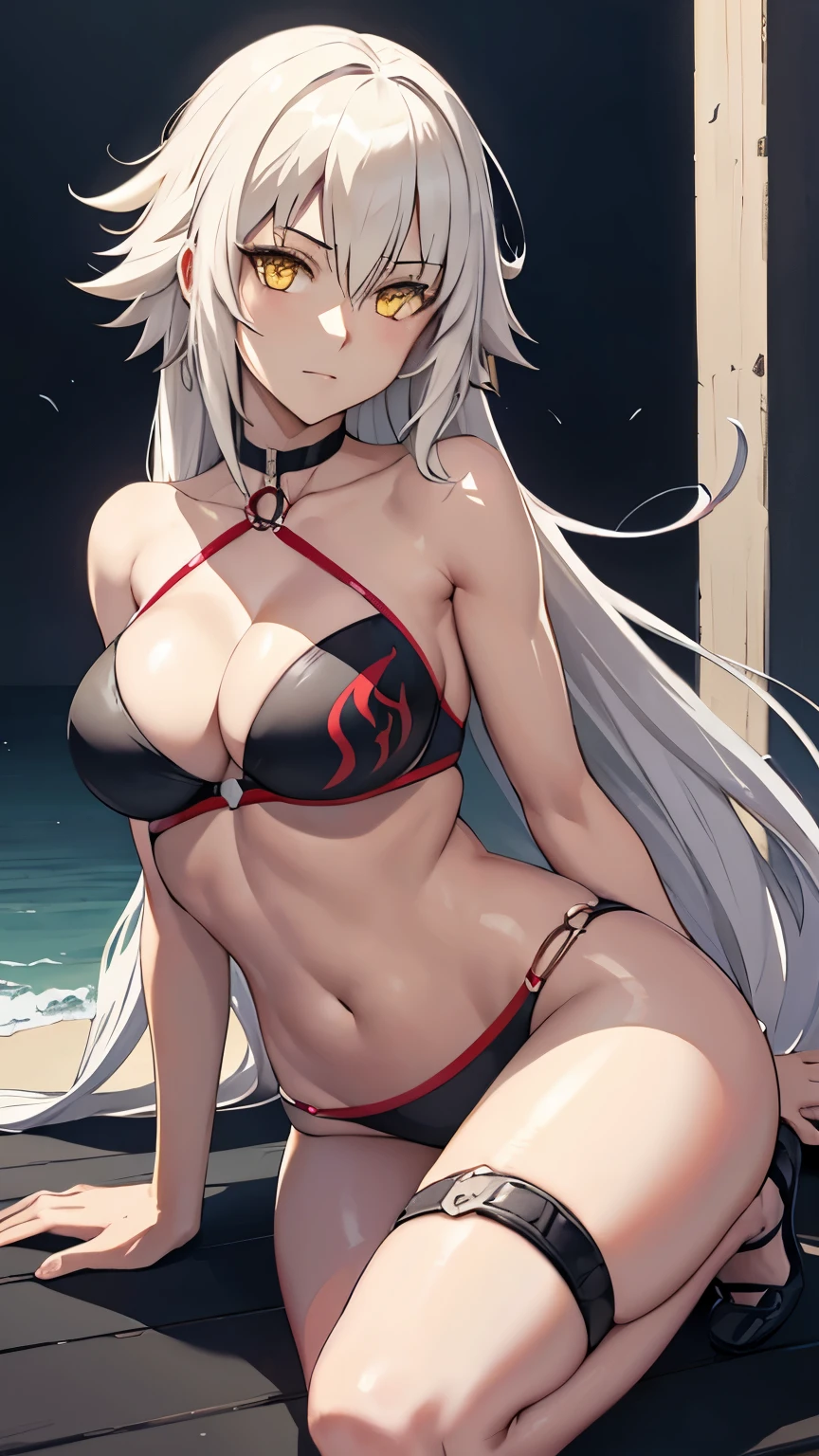 summer_jalter, yellow_eyes, long hair, mature,   single thighhigh, white hair, thigh strap,  bikini, 1girl, solo, closeup