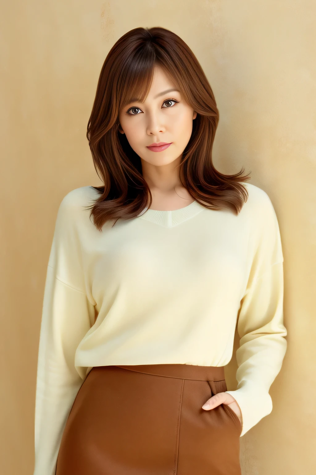 master piece、highest quality、masterpiece、High resolution、Photoreal、sharp、Raw photo、8k wallpaper、perfection、professional lighting、very detailed、Depth of the bounds written、light solid color background、((one beautiful woman、japanese mature)) 、(40 years old))、women sexy、detailed face、beautiful eyes、bangs、well-shaped small breasts、Light brown straight hair、faint lips、((stand in front、look at the viewer、serious face eyes。))、sweater、Skirt visor、full body photo、cowboy shot