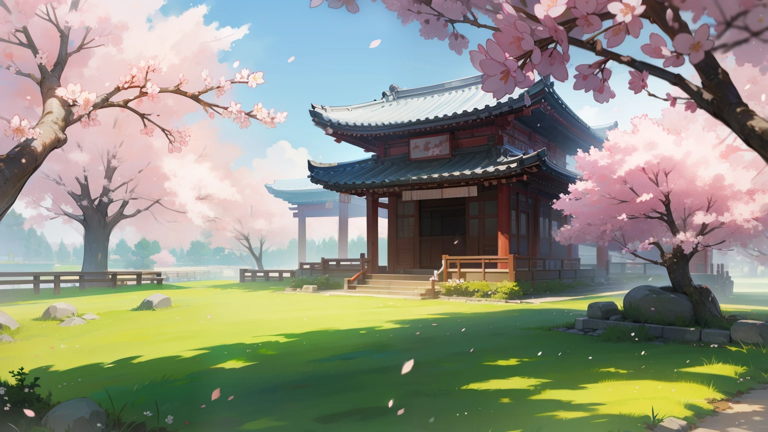 without model, cherry blossoms, landscape view, grass, with the background zoom of Korean traditional building atmosphere, detailed artwork,