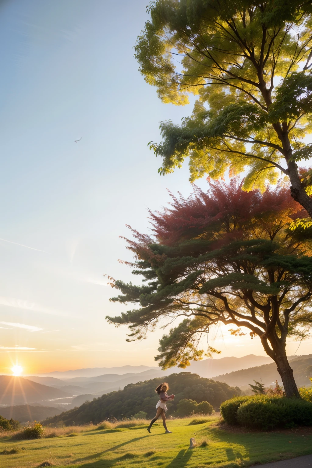 This  a colorful photo，Showing a spectacular autumn color。The sun shines through the gaps between the leaves，Covering this land with a golden glow。Mountains in the distance are illuminated by the setting sun，Looks extremely majestic。The nearby leaves sway with the wind，Like a dancer dancing in the air。