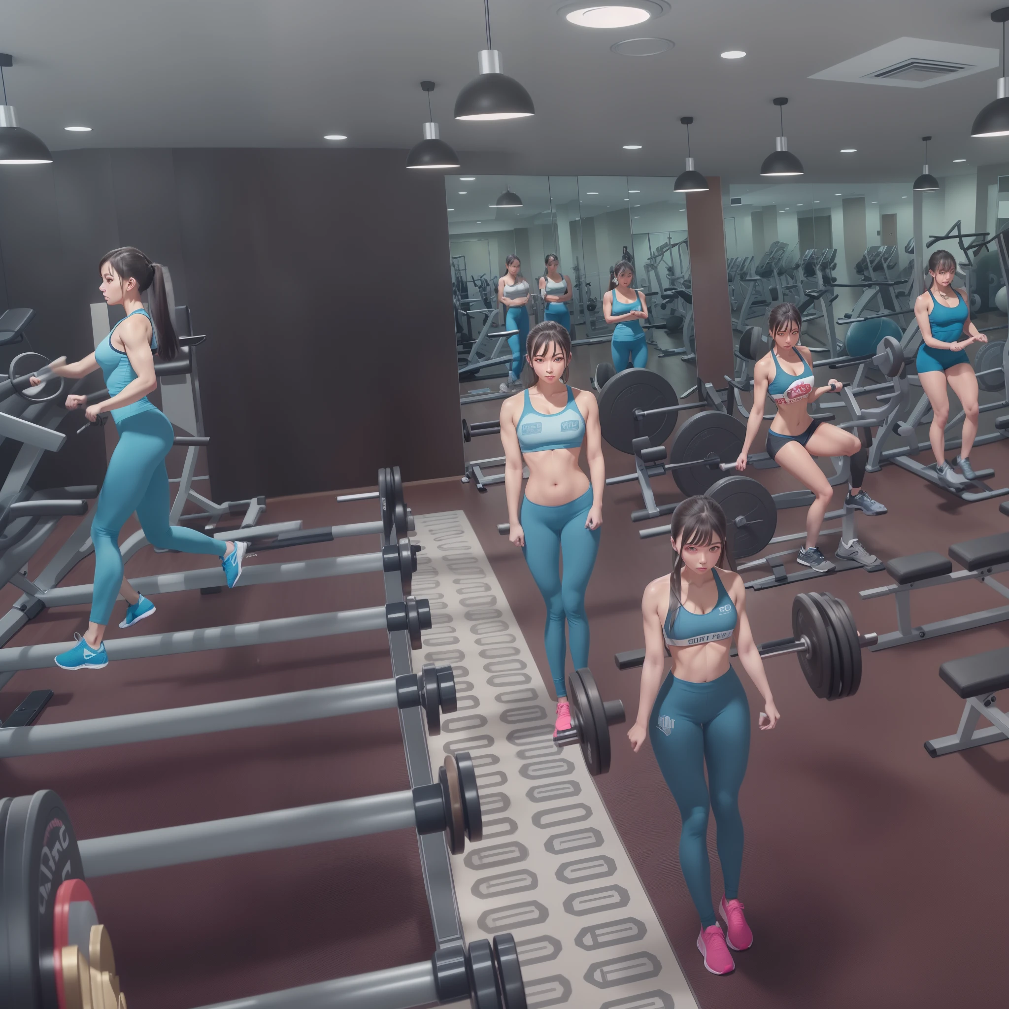 there are many people in the gym doing different things, in a gym, background a gym, fitness, working out, chun li at the gym, local gym, bw 3 d render, very intense, in a planet fitness, dim dingy gym, full-body, photo render, full - body, intense, focus on full - body, gym