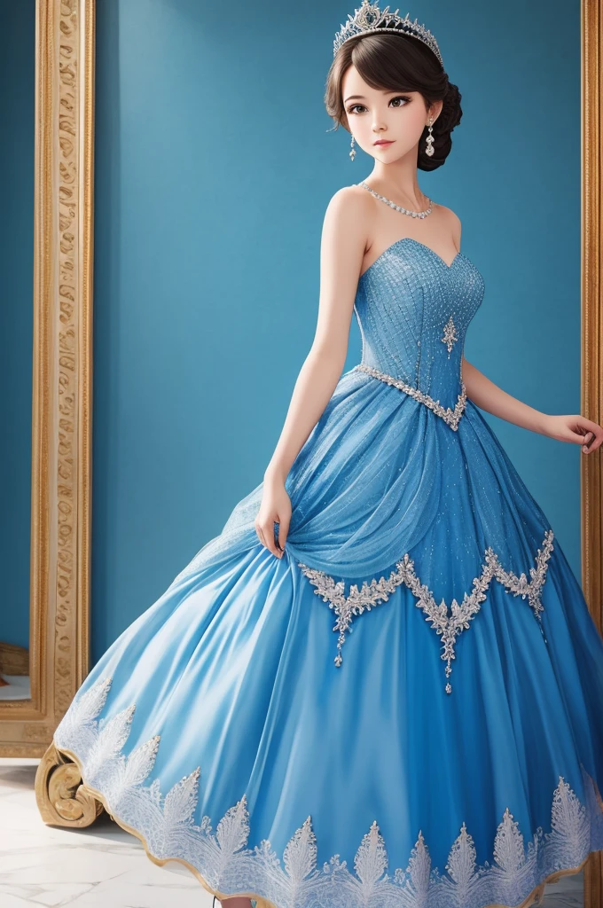 background blue,Wearing elegant dreslonde girl wearing princess crown