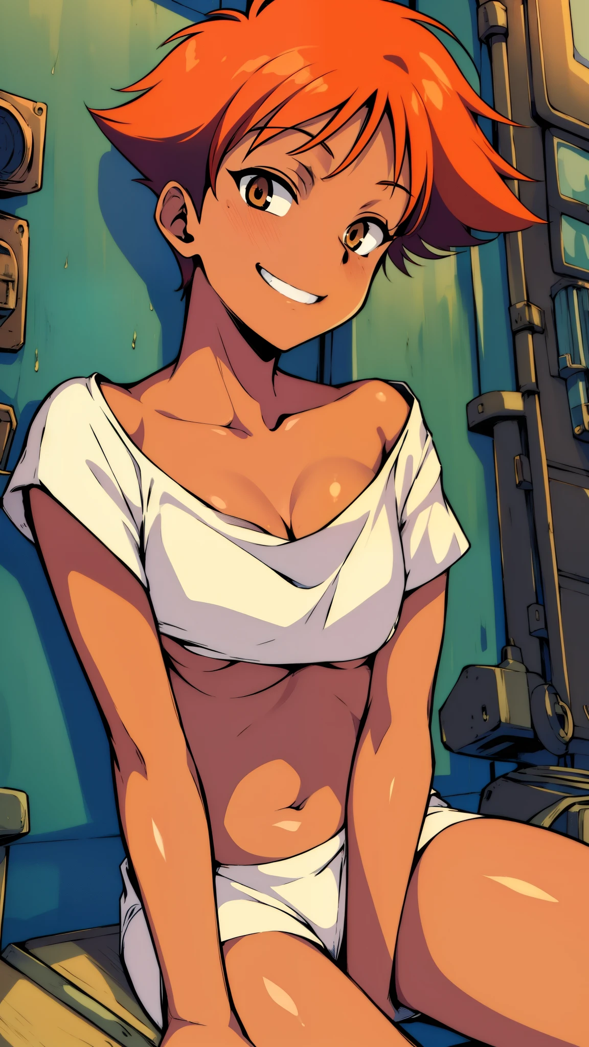 Edward,midriff,orange hair,white shirt,off shoulder,collarbone,tan skin, bike shorts,goggles, brown eyes, space station,engine room, upper body,sitting,smiling, under boob, cropped shirt, breasts, cleavage (insanely detailed, beautiful detailed face, masterpiece, best quality),