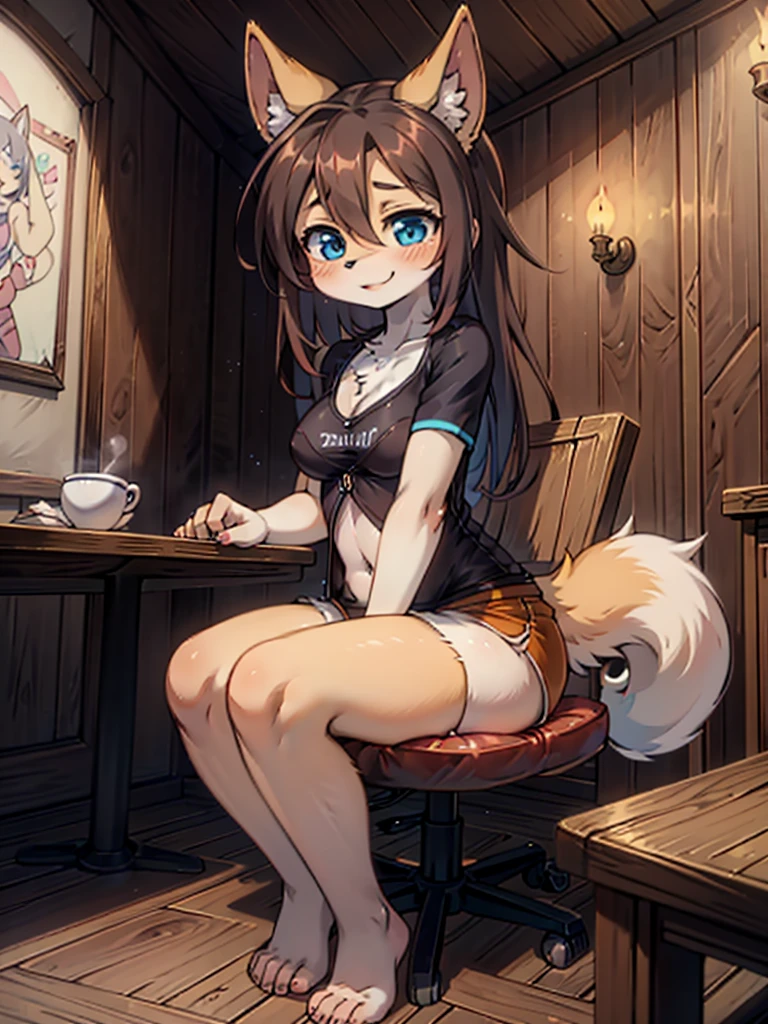 its a date, date male/female, Anime girl with dog tail, holo is a wolf girl, full body, fox tail, thick fluffy tail, high resolution commission, a beautiful dog lady, fluffy tail, beautiful anime dog girl, cute anime dog girl, full body, beautiful dog girl, happy face, ocean blue eyes, long brown hair, arms on table, arms resting on the table, warm orange fur, background people, fluffy ears, sitting, long tail, raised tail, wagging tail, Dog tail, fluffy tail, arms, flowers in ears, white chest, orange arms, orange legs, orange feet, orange tail, shorts and a small t-shirt, shorts, small shirt, t-shirt, Solo Female, smile, male pov, pov, restaurant, candle on the table, 2 empty plates, cup, at daytime, date, sitting in chair, female behind the table, sitting behind the table, boy arms, boy sitting on table, boy pov, looking straight at the girl.