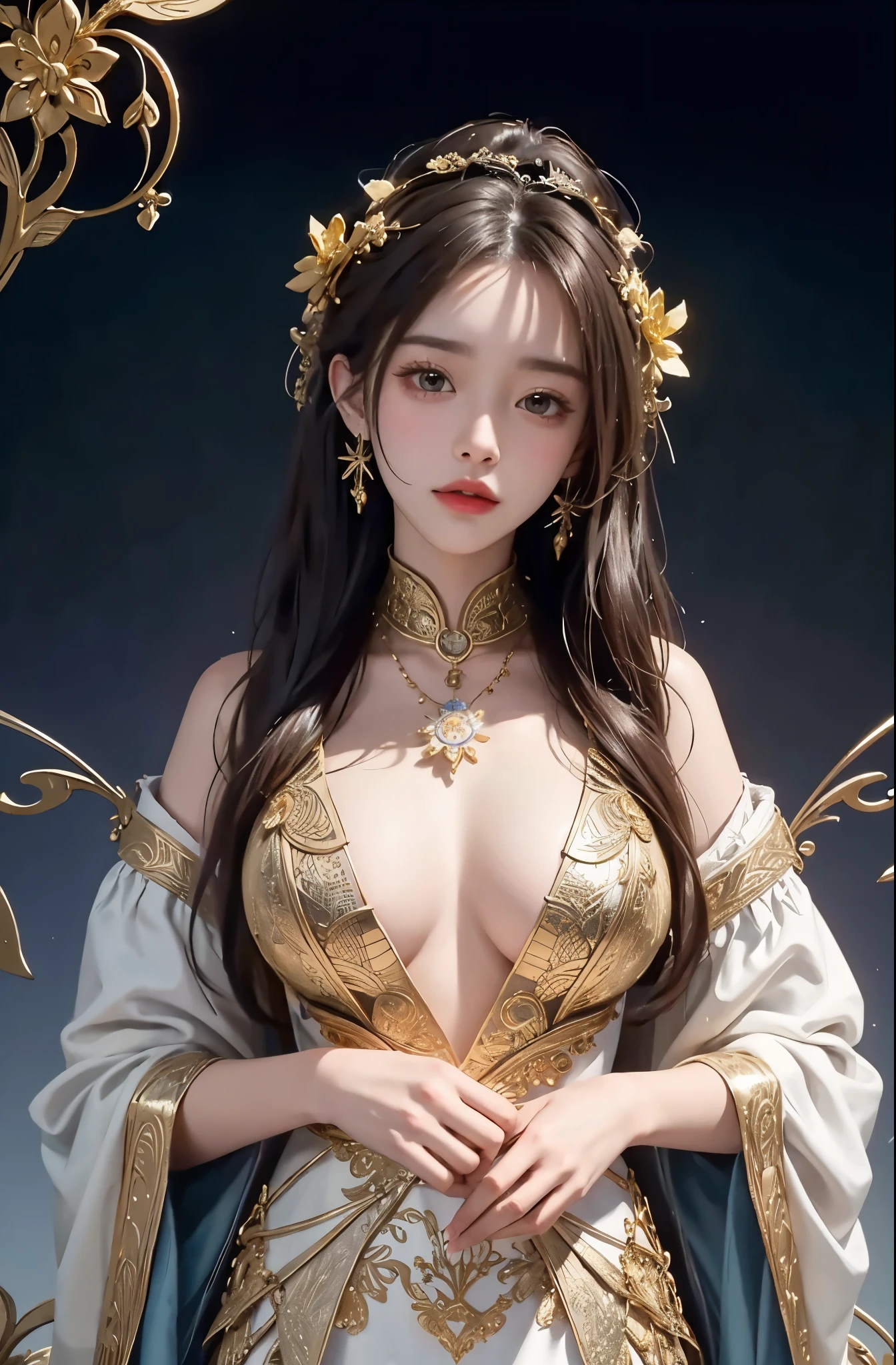 (masterpiece、highest quality、highest quality、official art、beautiful and aesthetic:1.2)、(1 girl)、extreme details、colorful、highest details、official art、unity 8k wallpaper、Super detailed、beautiful and aesthetic、big boobs、masterpiece、highest quality、(zentangle、mandala、tangle、Entanglement)、holy light、gold foil、gold foilアート、Glitter painting、PerfectNwsjMajmagic