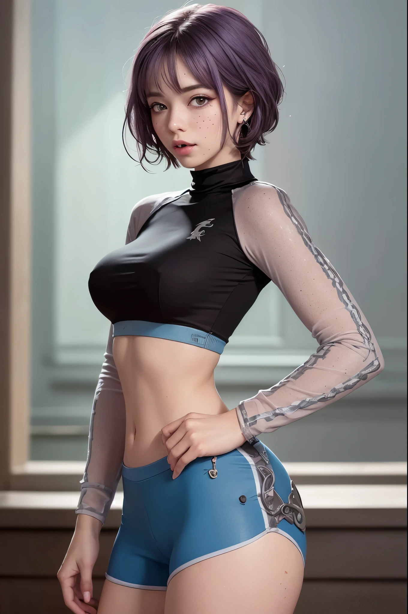 girl, Short curly pastel purple hair, freckles, septum piercing, medium tits, wearing a long sleeve crop top and spandex shorts, blue and brown heterochromatic eyes