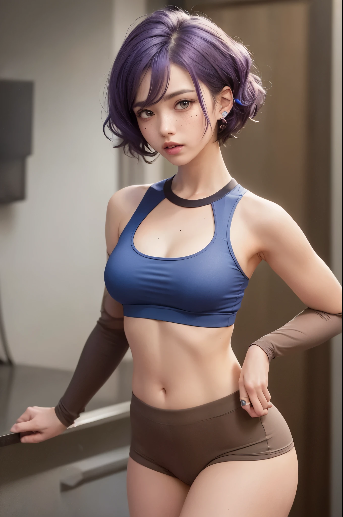 girl, Short curly pastel purple hair, freckles, septum piercing, medium tits, wearing a long sleeve crop top and spandex shorts, blue and brown heterochromatic eyes