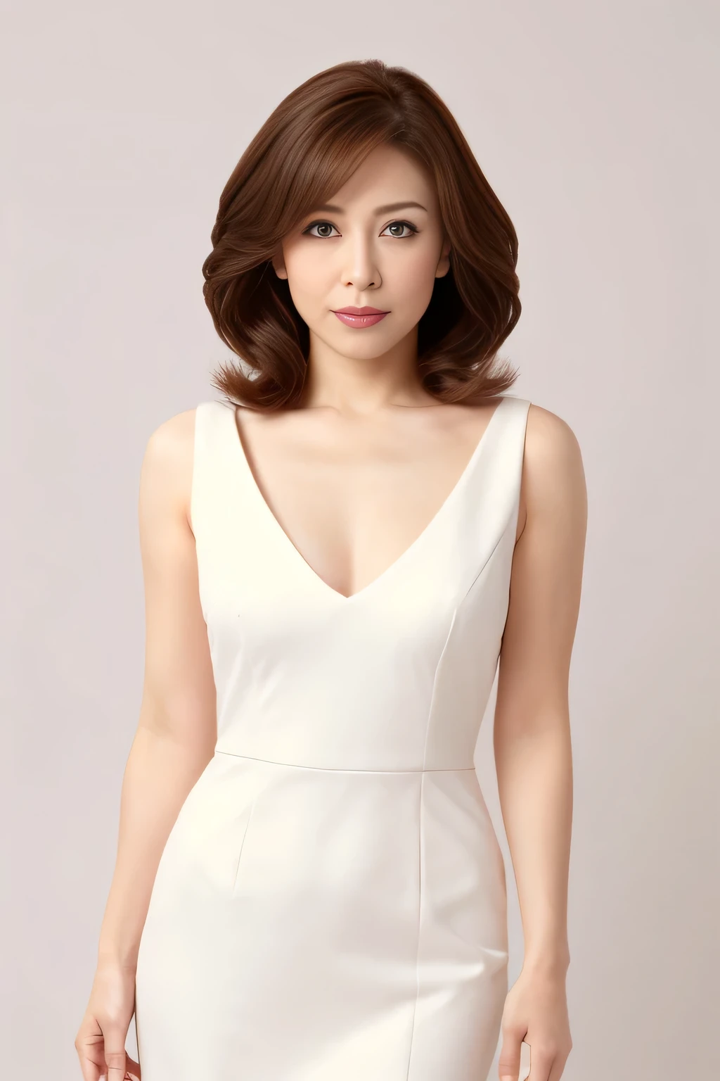 master piece、highest quality、masterpiece、High resolution、Photoreal、Raw photo、8k wallpaper、perfection、professional lighting、very detailed、Depth of the bounds written、Pale solid color background、(japanese woman、35 years old)、women sexy、detailed face、beautiful eyes、bangs、well-shaped small breasts、light brown straight hair、faint lips、((stand in front、look at the viewer、serious face eyes。))、white dress、full body photo、cowboy shot