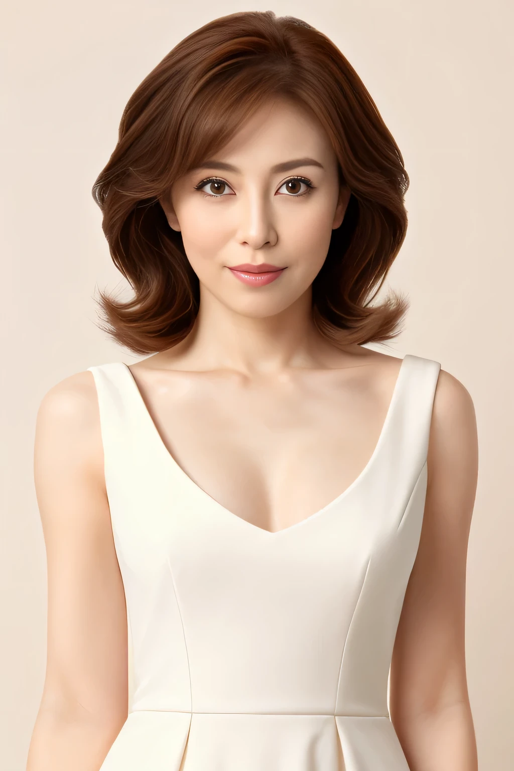master piece、highest quality、masterpiece、High resolution、Photoreal、Raw photo、8k wallpaper、perfection、professional lighting、very detailed、Depth of the bounds written、Pale solid color background、(japanese woman、35 years old)、women sexy、detailed face、beautiful eyes、bangs、well-shaped small breasts、light brown straight hair、faint lips、((stand in front、look at the viewer、serious face eyes。))、white dress、full body photo、cowboy shot