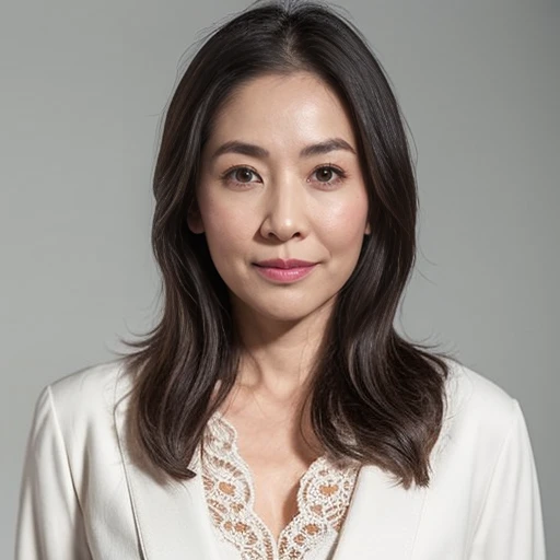 45 years old、Japanese actress Asami Mizukawa,Transparent beautiful skin、Eyes with long slits and a cool impression、black hair suits you、Makeup that is not too flashy、Makeup looks natural、small face、The nasal muscles are passing through、the corners of the mouth are turned upwards、The width of the forehead、Less than one third of the vertical width of the face、The boundary between the eyebrows and the base of the nose is deeply depressed、The distance between the left and right eyes is、Narrower than one eye width、the distance between the eyes and eyebrows、Narrower than one vertical width of the eye、The outline is、Oval or oblong type、Pale solid color background,masutepiece, Best Quality, Photorealsitic, super detailed skin, Sharpen, Perfect Anatomy, Anatomy, japanese mature, solo, 45 yers old, Large breasts, Plump body, Keep your mouth tightly closed, Serious look,oFemale teacher, glamor, A sexy, Chromo-white skin, erect through, Thighs to head, White blouses,Navy blue skirt, Staring at this, Looking at Viewer