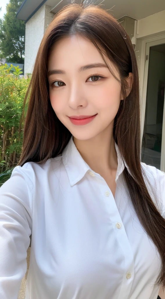 ((Best Quality, 8K, Masterpiece: 1.3)), Sharp Focus: 1.2, A Beautiful Woman with Perfect Figure: 1.4, Slim Abs: 1.2, (Layered Hairstyle,: 1.2)), (Wet White Button Long Shirt: 1.3), Rain: 1.3, Street: 1.2, Wet Body: 1.1, Highly Detailed Face and Skin Texture, Detailed Eyes, Double Eyelids, Big Breasts, Smile,
