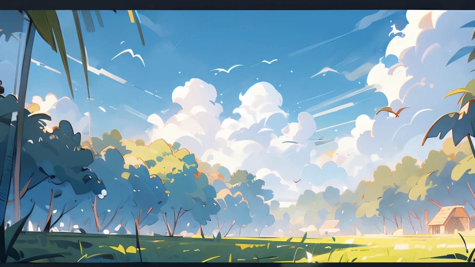 grassland,There are trees in the distance,jungle,clear sky