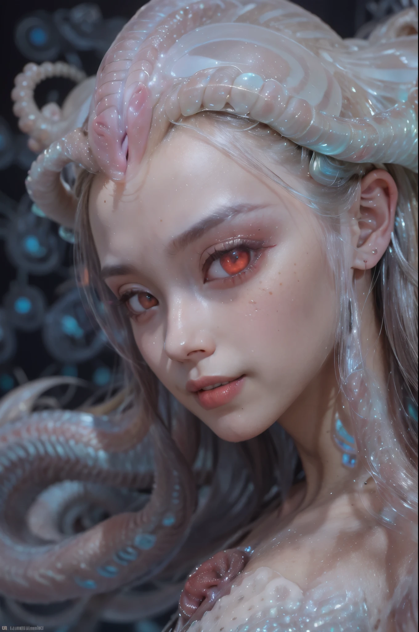 scary and sexy detailed art in color, Portrait, (beautiful and obscene female alien:1.4), (vulgarity1.5), (she has red eyes with no pupils:1.8), (Translucent skin:1.7), (There is a female genital-like organ in the middle of the forehead:1.9), (The most beautiful face in the history of the universe:1.2),an evil gaze that seduces, (large mouth:1.1), (sharp teeth like a vampire:1.2), Full body portrait, (bio luminescent:1.5), (Smile wickedly:1.3), (sexypose:1.5), incredibly beautiful alien, (she has unparalleled beauty:1.5), No humans, cells are fused, (Lots of translucent tentacles:1.3) extraterrestrial, cell, bio image, best quality, 8K,In 4K_quality, High freshness, Dramatic Lighting, masutepiece:1.5,cinematic quality, detail up, (exquisite details:1.2), high resolution, High freshness, drawing faithfully, (Thick eyebrows:1.2), Beautiful eyes with fine symmetry,(Highly detailed face and eyes:1.2), Intimate face, (Super detailed skin quality feeling:1.4), perfect anatomy, (Beautiful toned body:1.5), (Moist skin:1.2), not wearing makeup, (dark circles:1.1), long canines, cinematic drawing of characters, ultra high quality model, cinematic quality, detail up, (exquisite details:1.2), high resolution, High freshness, drawing faithfully, official art, Unity 8K Wall , 8K Portrait, best quality, Very high resolution, ultra detailed artistic photography, midnight aura, unreal engine 5, Ultra Sharp Focus, art by Amano Yoshitaka, ArtGerm, Roisch, intricate artwork, best quality, masterpiece, ultra high resolution, (photos realistic:1.4), ultra realistic realism, dream-like, nautilus, Creation of fantasy, Snail, Dream Snail, (biopunk nautilus:1.3),Thrilling color schemes, ultra realistic realism, seductively smiling, Blue tentacles,