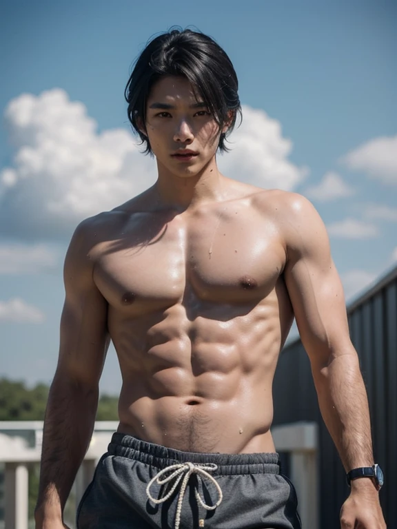 1 person, 1 man, asian, asian man, ((High quality)), ((masterpiece)), ((highly detailed)), perfect face, detailed face, realistic, ((man)), black hair, comma hair style, ((shirtless)), outdoor, ((handsome)), detailed eyes, beautiful detailed nose, realistic body, realistic light, comfortable expressions, cute guy, sweat guy, cool guy, ((athletic body) ), ((hot)), wearing black pants, sweaty, covered in blood, armed, holding a samurai, 70 mm lens