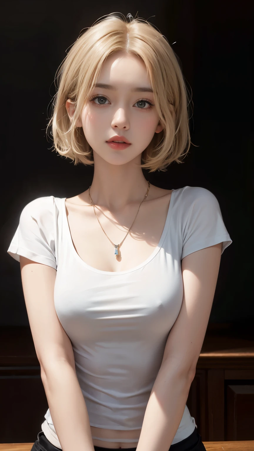 (8K photo:1.1), professional lighting, (Nylon tight T-shirt), (Masterpiece of the highest quality), ( face with intricate details), ( 珰, bracelet, necklace), high detail, small breasts, beautiful detailed face, hazel eyes, short blonde hair, (attractive若い女性:1.3), (attractive:1.1), (blush:1.1), hourglass body shape, wide hips