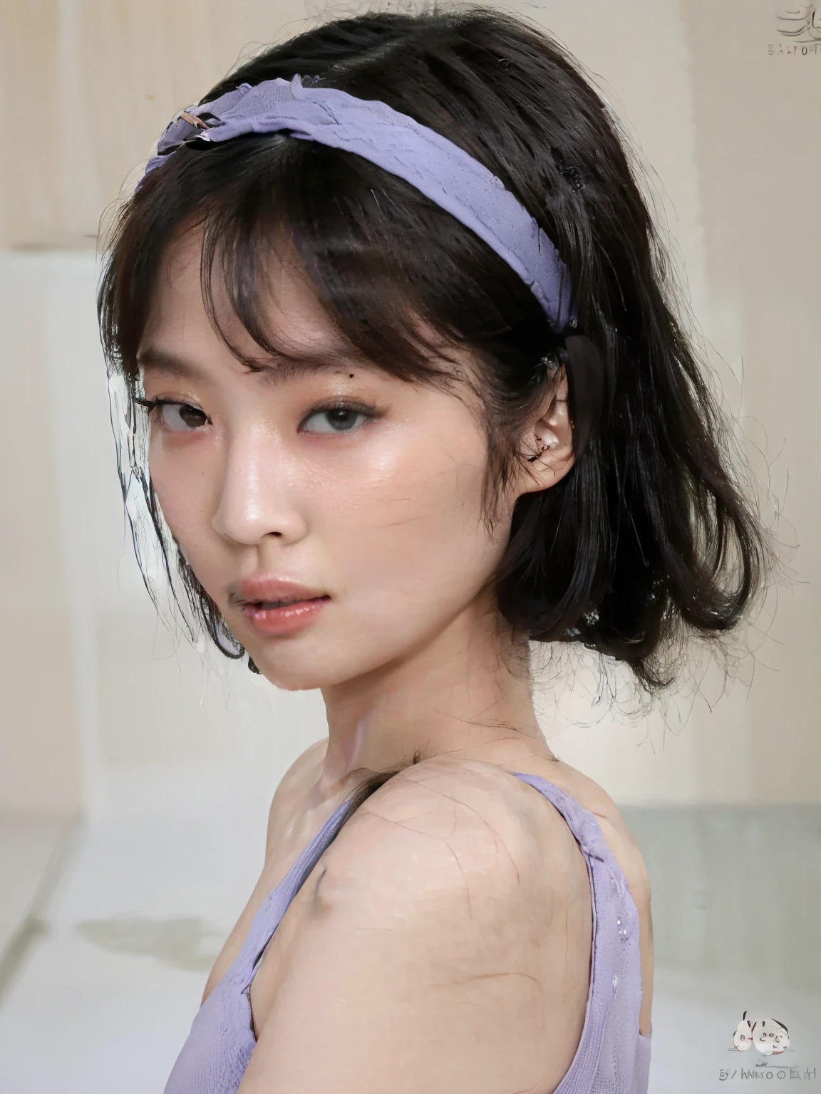 a close-up of a young woman wearing a purple headband, jaeyeon nam, young lovely korean face, adorable and pale korean face, Jinyoung Shin, muito fofo e infantil, Lee Ji-eun, Lee Ji-eun, Heonhwa Choe, penteado com corte hime branco, Hwang se-é, estacionar a partir de-min, kwak ji jovem