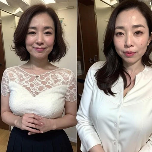 45 years old、Japanese actress Asami Mizukawa,Transparent beautiful skin、Eyes with long slits and a cool impression、black hair suits you、Makeup that is not too flashy、Makeup looks natural、small face、The nasal muscles are passing through、the corners of the mouth are turned upwards、The width of the forehead、Less than one third of the vertical width of the face、The boundary between the eyebrows and the base of the nose is deeply depressed、The distance between the left and right eyes is、Narrower than one eye width、the distance between the eyes and eyebrows、Narrower than one vertical width of the eye、The outline is、Oval or oblong type、Pale solid color background,masutepiece, Best Quality, Photorealsitic, super detailed skin, Sharpen, Perfect Anatomy, Anatomy, japanese mature, solo, 45 yers old, Large breasts, Plump body, Keep your mouth tightly closed, Serious look,oFemale teacher, glamor, A sexy, Chromo-white skin, erect through, Thighs to head, White blouses,Navy blue skirt, Staring at this, Looking at Viewer