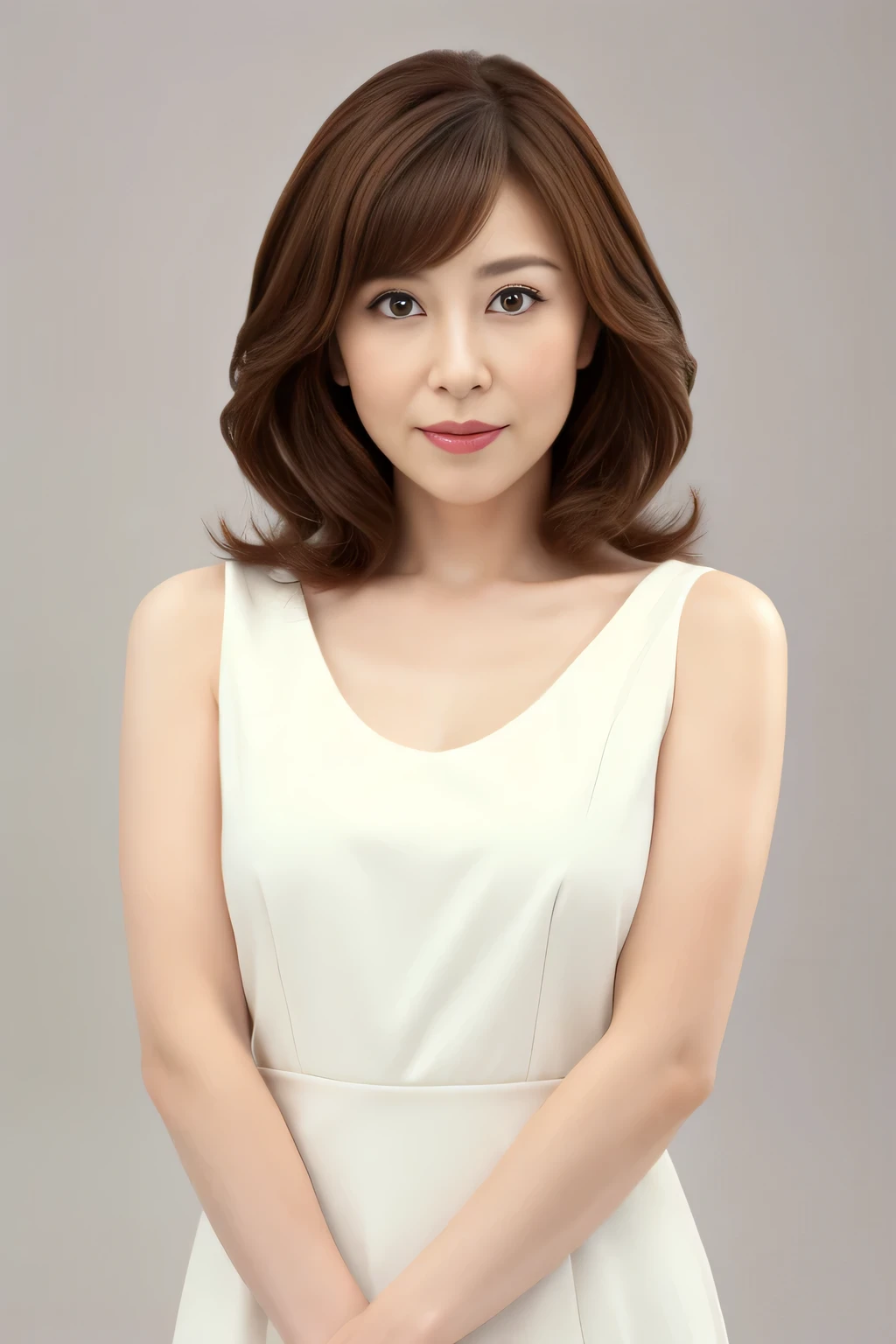 master piece、highest quality、masterpiece、High resolution、Photoreal、Raw photo、8k wallpaper、perfection、professional lighting、very detailed、Depth of the bounds written、Pale solid color background、（japanese woman、35 years old）、women sexy、detailed face、beautiful eyes、bangs、well-shaped small breasts、light brown straight hair、faint lips、((stand in front、look at the viewer、serious face eyes。))、white dress、full body photo、cowboy shot