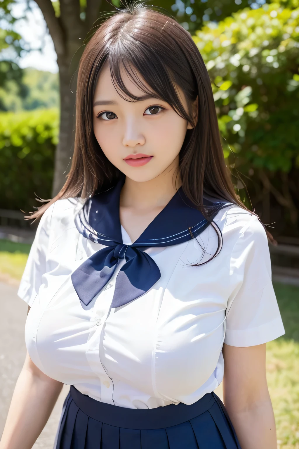 (highest quality,8K,High resolution:1.2),(beautiful realistic:1.6)、(cute japanese girl:1.4),(huge breasts:1.25),(glamorous body),(school uniform,Bree,pleated super mini skirt,sailor collar,white shirt:1.2)、、Professional、(The joy of being my beloved woman、Heart rate)、Happy、full of energy、forest park、lift the skirt、gravure、
