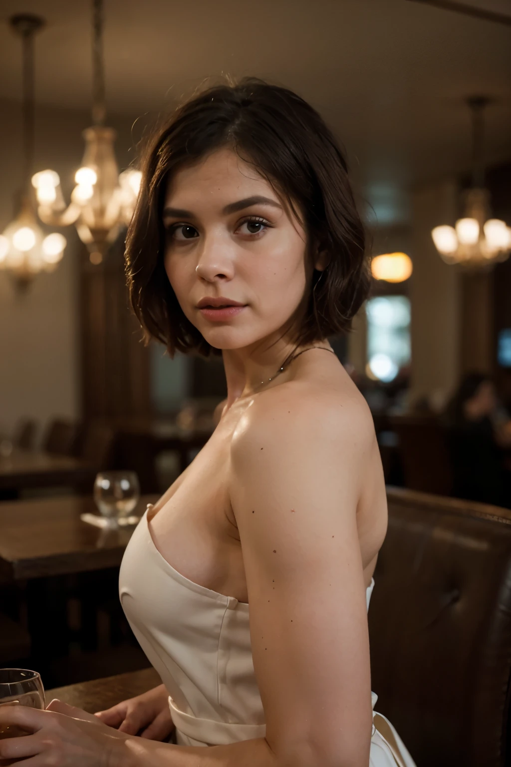 close-up cinematic film still of ((ohwx woman)) in a restaurant , wearing a dress, shallow depth of field, vignette, highly detailed, high budget, bokeh, cinemascope, moody, epic, film grain, grainy
