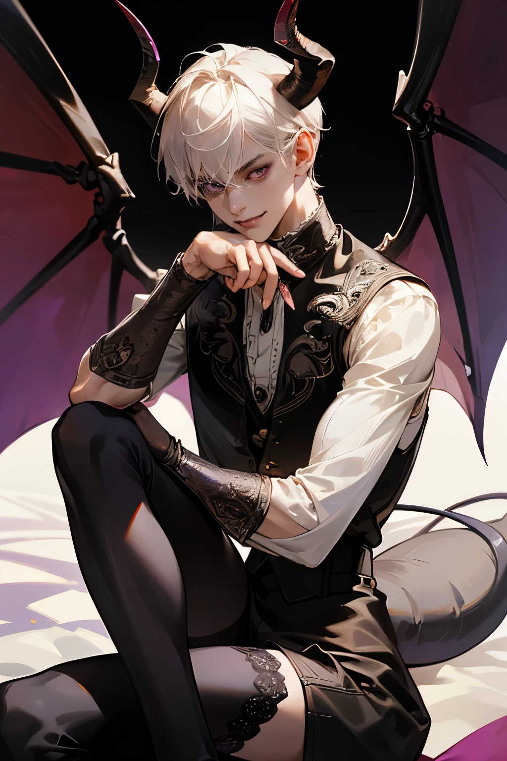 (1boy, handsome male, perfect male body), High quality, Best Quality, ultra-detailliert, Portraits, red purple eyes, delicate face, (Evil smile), grin, incubus, Short hair, Sliver hair, pink eyes, pale skin, black bootishnet stockings, piercingishnet stockings, gothic print, black leather garter belt, Multiple leather straps, Multiple iron chains mounted on a ring), Shorts, ((Devil Wings, Tail and horns)), Ray tracing, dramatic shadows, Highly detailed fine art, Detailed Metal Jewelry, dramatic compositions, Cinematic lighting, finely detailed beautiful eyes and detailed face, delicate portrayal of facial features,Highly detailed fine art