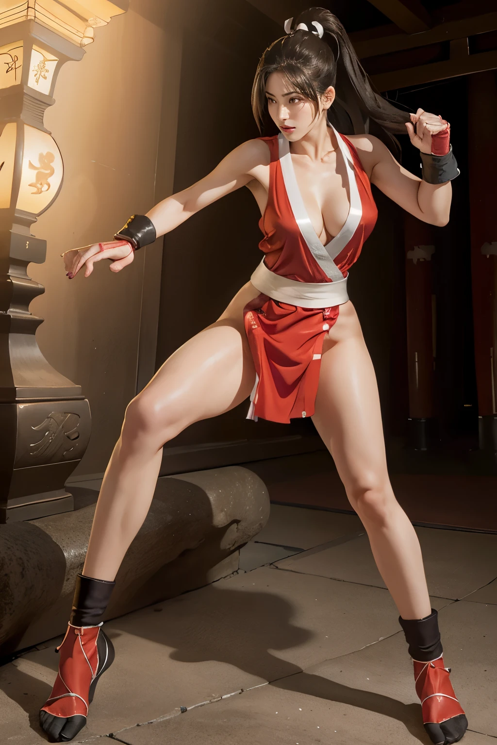 (mai shiranui:1.7), (tabi:1.9), (Full body portrait:2.0), Full body, (Realism), (masutepiece:2.0), (Best Quality), (ultra-detailliert), (8K, 4K, Convoluted), (Flat Lighting:1.2), (skinny), Prestige, Brown eyes, Long hair, brown eyes, long hair, brown hair, white ribbon, sleeveless, ponytail, sash, pelvic curtain, arm guards, gloves, tabi, fascinated expression, Sexy eyes, slim, medium breasts, Smile, Cute, view the viewer, Long hair, Close to Japan temple, (breasts focus:1.2), (Realistic:1.2), (Full Shot: 1.2), (85 mm), light Particle, Lighting, (Highly detailed:1.2), (Detailed face:1.2), (gradients), SFV, Colorful, (Detailed eyes:1.2), (Detailed temples of Japan: 1.2),(Detailed background), (Dynamic Angle:1.2), (Dynamic Pose:1.2), (Line of action:1.2), Wide Shot, Daylight, Solo.